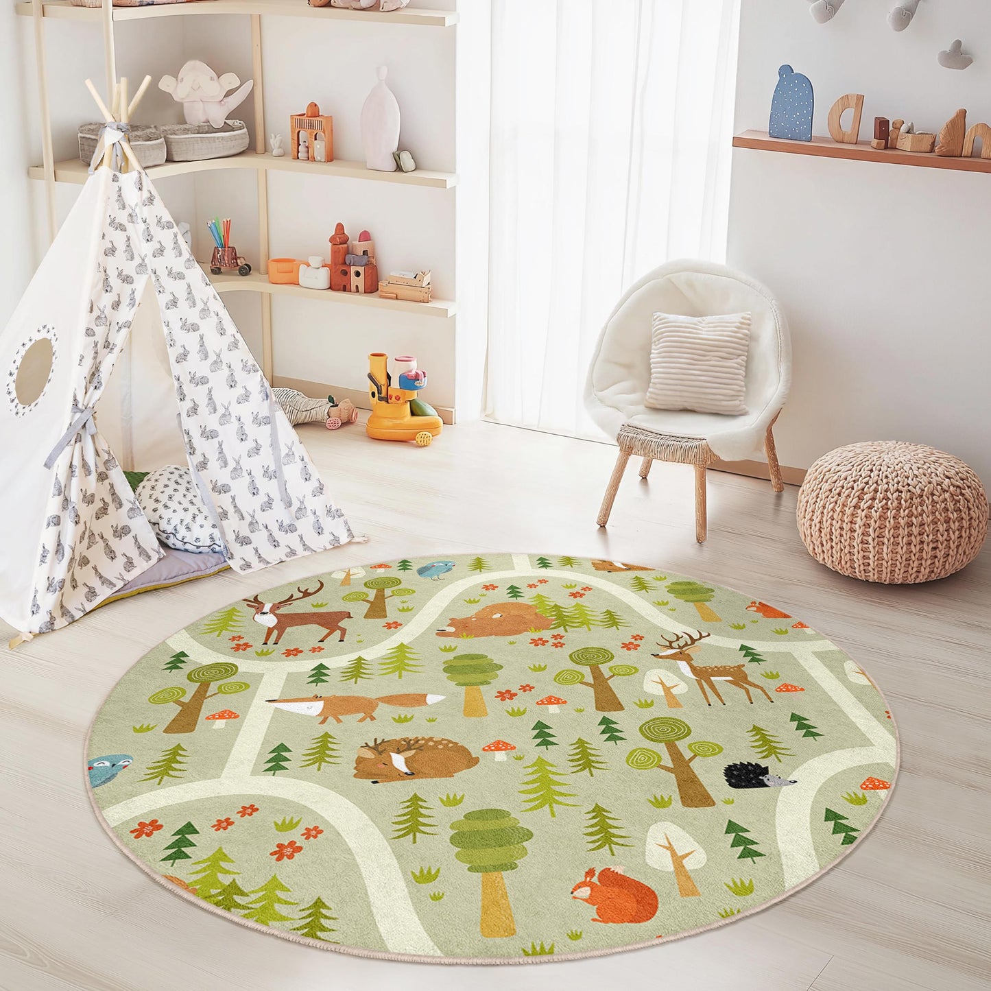 Forest Adventure Kids Play Rug: Woodland Animals Nursery Mat