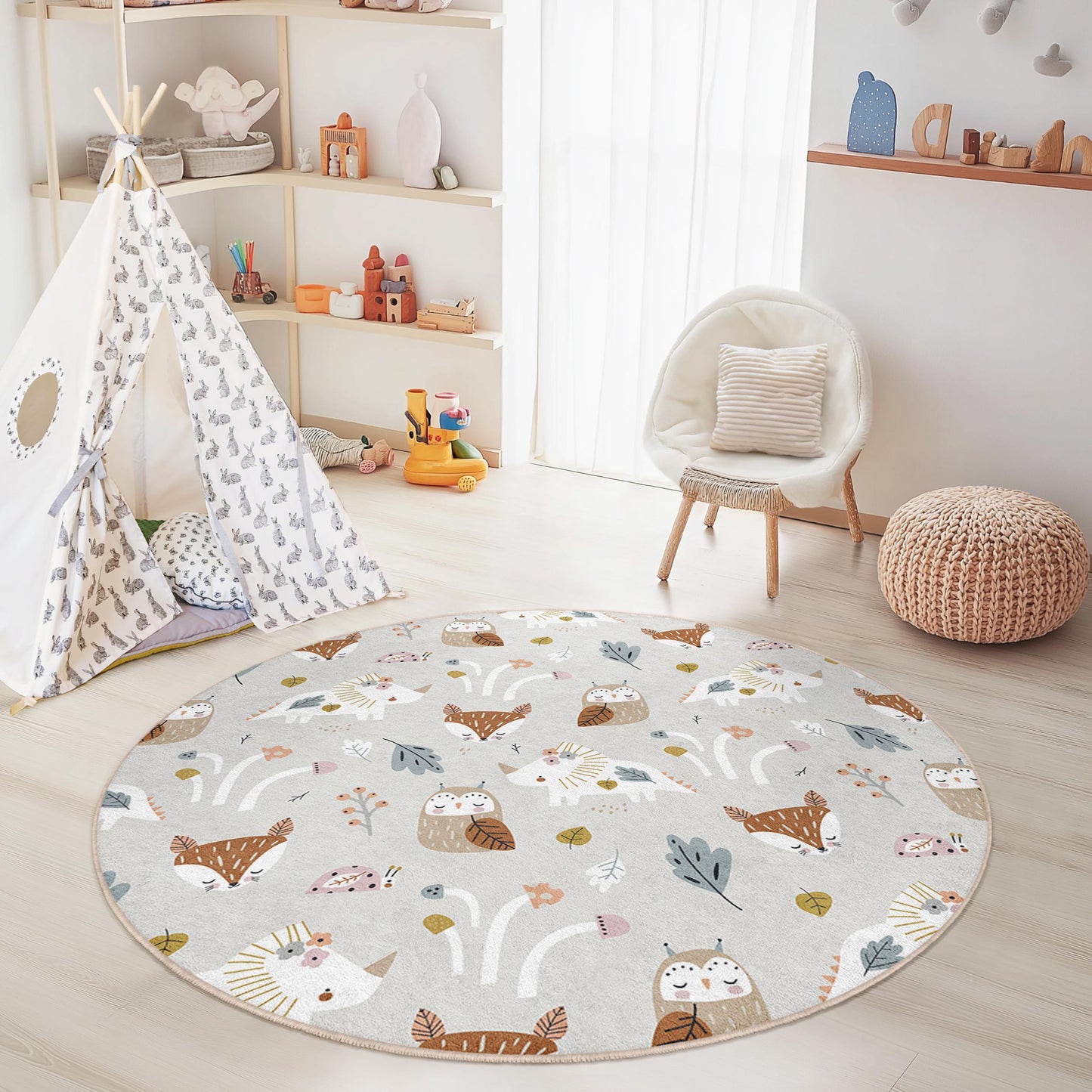 Whimsical Forest Animals Round Kids Rug, Cute Animal Print Rug, Nursery Decor, Playroom Carpet, Soft Round Area Rug