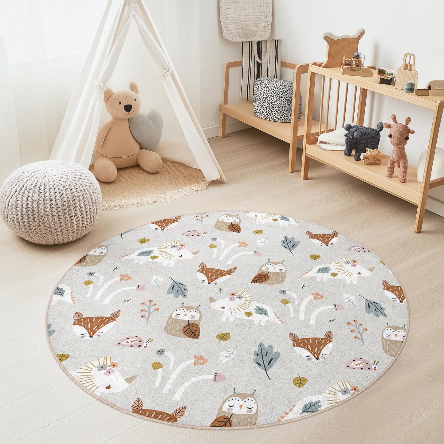 Whimsical Forest Animals Round Kids Rug, Cute Animal Print Rug, Nursery Decor, Playroom Carpet, Soft Round Area Rug