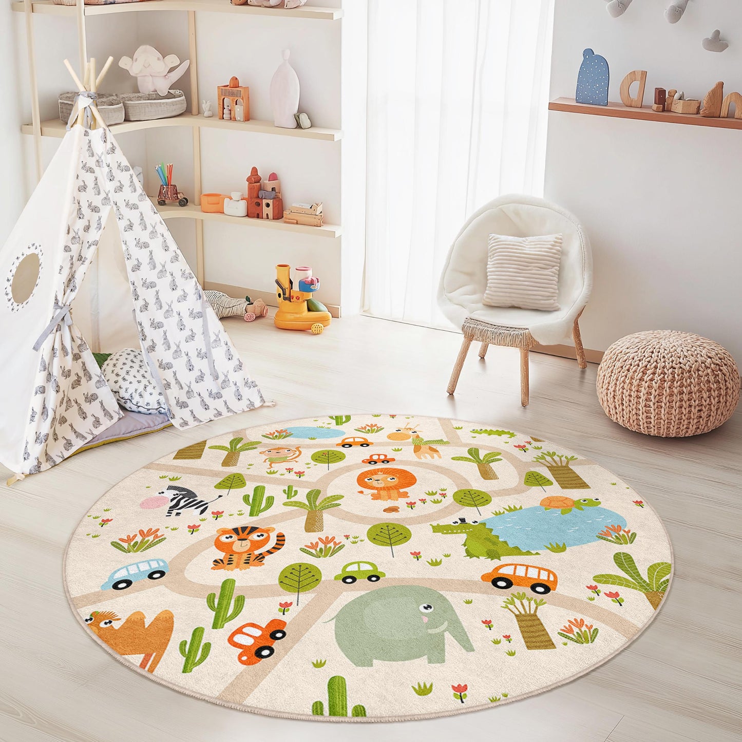 Playful Animal Adventure Round Kids Rug, Safari Theme Rug, Interactive Play Mat for Nursery, Childrens Room Decor