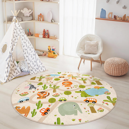 Playful Animal Adventure Round Kids Rug, Safari Theme Rug, Interactive Play Mat for Nursery, Childrens Room Decor