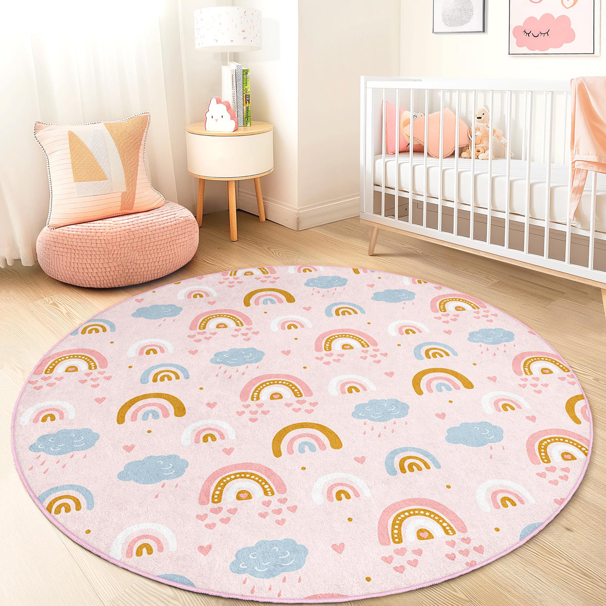 Rainbow Clouds Round Kids Rug, Soft Nursery Carpet, Playroom Decor ...