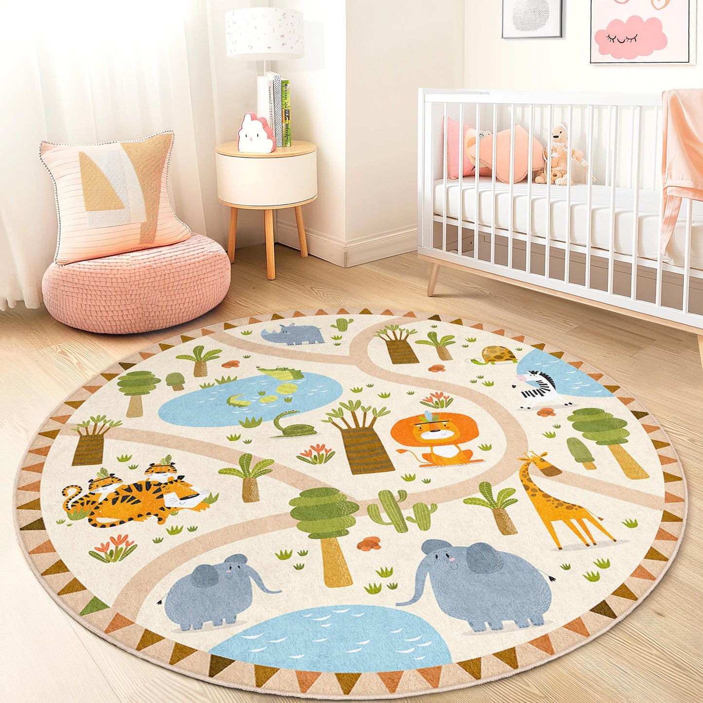 Safari Adventure Round Kids Play Rug, Jungle Animal Kids Carpet, Nursery Decor, Interactive Play Mat, Kids Room Rug, Fun Playtime Rug