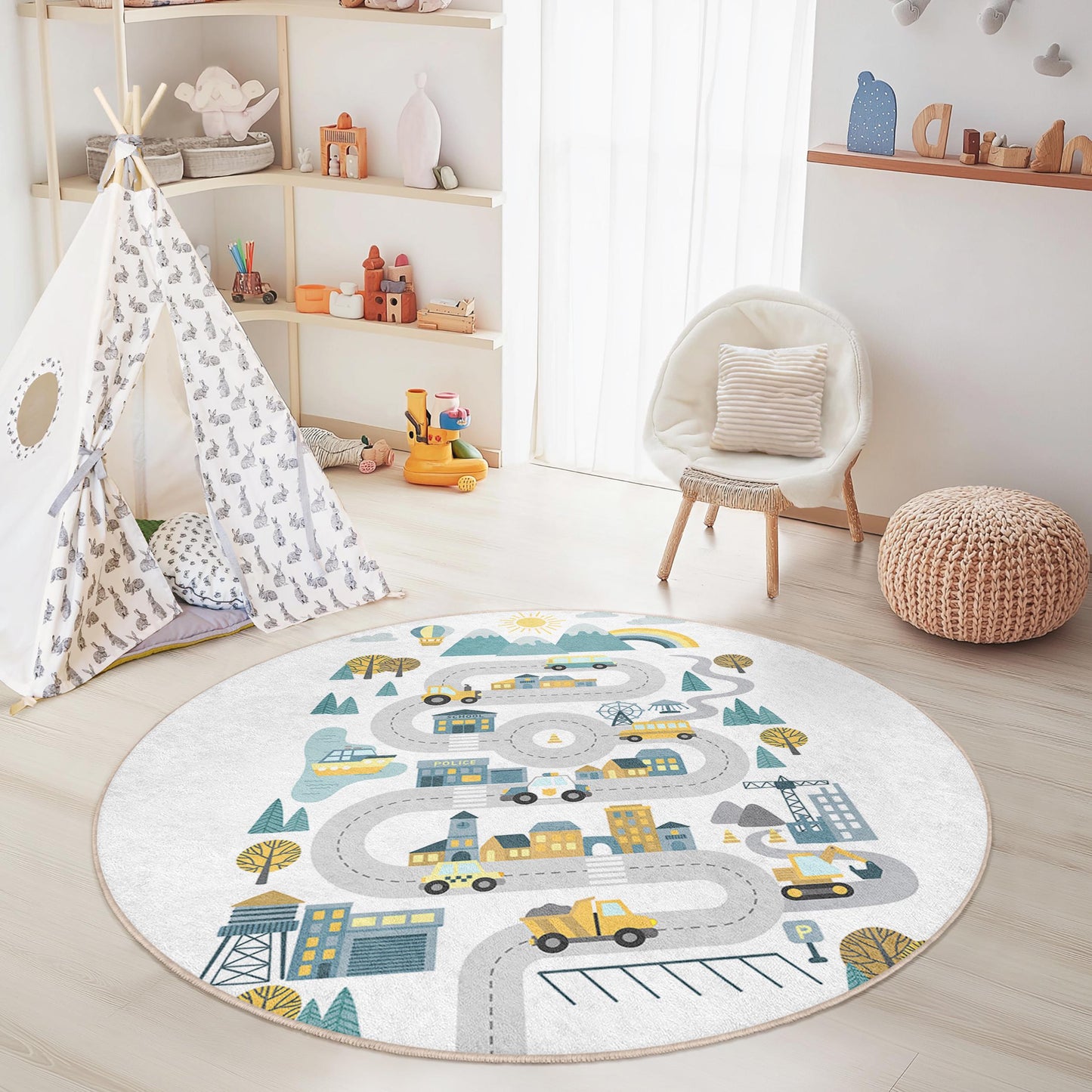 Colorful Road Map Round Kids Play Rug, Interactive Children's Carpet, Nursery Decor, Playroom Mat, Soft and Cozy Rug