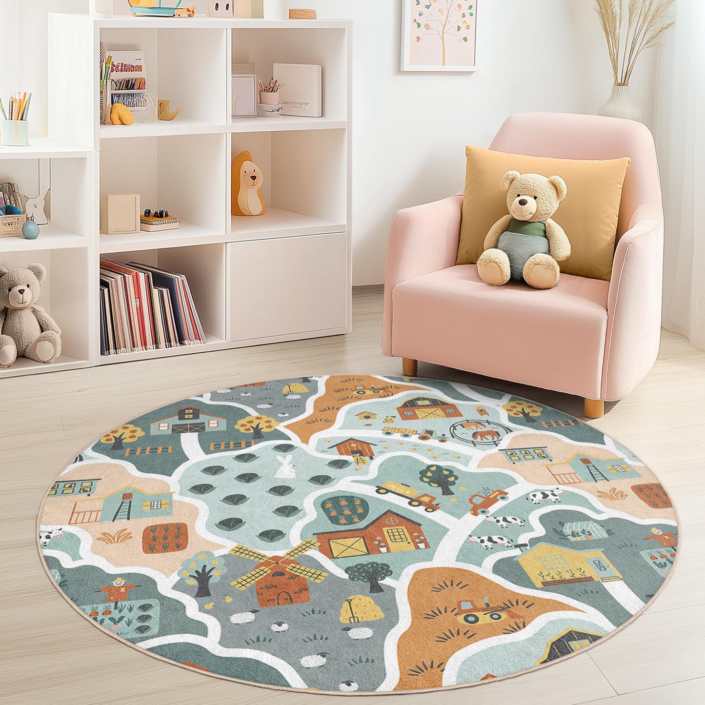 Farmhouse Themed Round Kids Play Rug, Colorful Animal and Barn Design, Playroom Decor, Soft Nursery Round Carpet