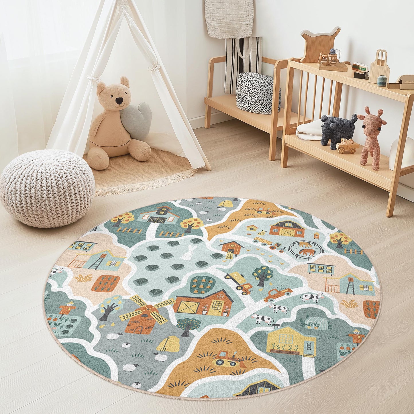 Farmhouse Themed Round Kids Play Rug, Colorful Animal and Barn Design, Playroom Decor, Soft Nursery Round Carpet