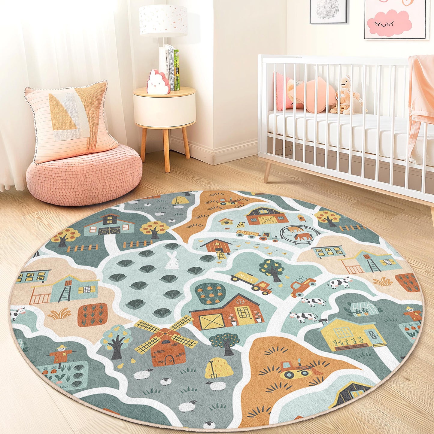 Farmhouse Themed Round Kids Play Rug, Colorful Animal and Barn Design, Playroom Decor, Soft Nursery Round Carpet