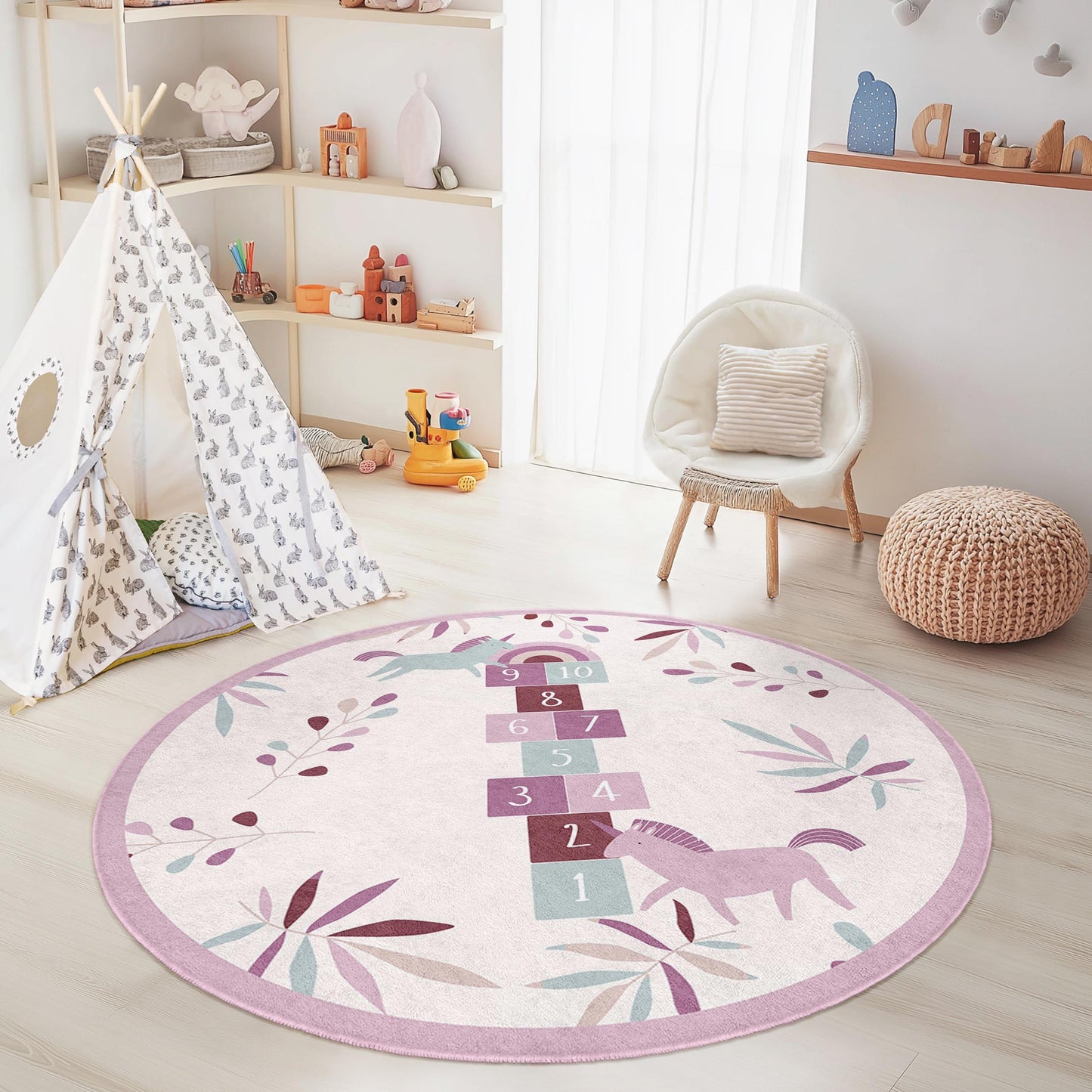 Unicorn Hopscotch Round Kids Rug, Floral Play Mat for Nursery, Soft Children's Carpet, Playroom Decor, Kids Room Essentials