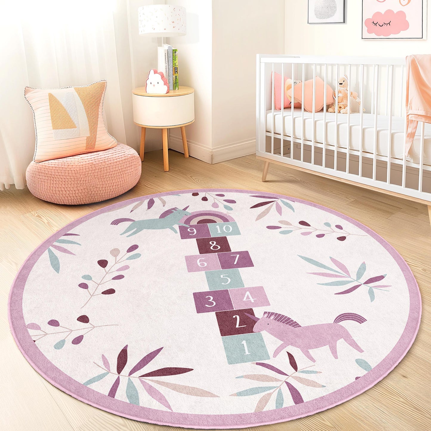 Unicorn Hopscotch Round Kids Rug, Floral Play Mat for Nursery, Soft Children's Carpet, Playroom Decor, Kids Room Essentials
