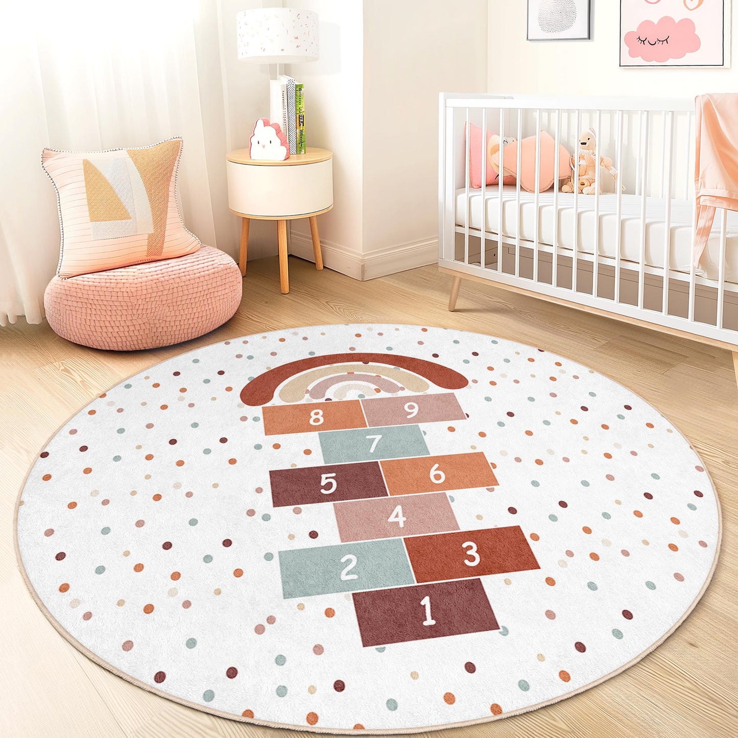 Rainbow Hopscotch Round Play Rug, Kids Round Carpet, Playroom Decor, Soft Circle Rug, Nursery Mat, Colorful Kids Rug