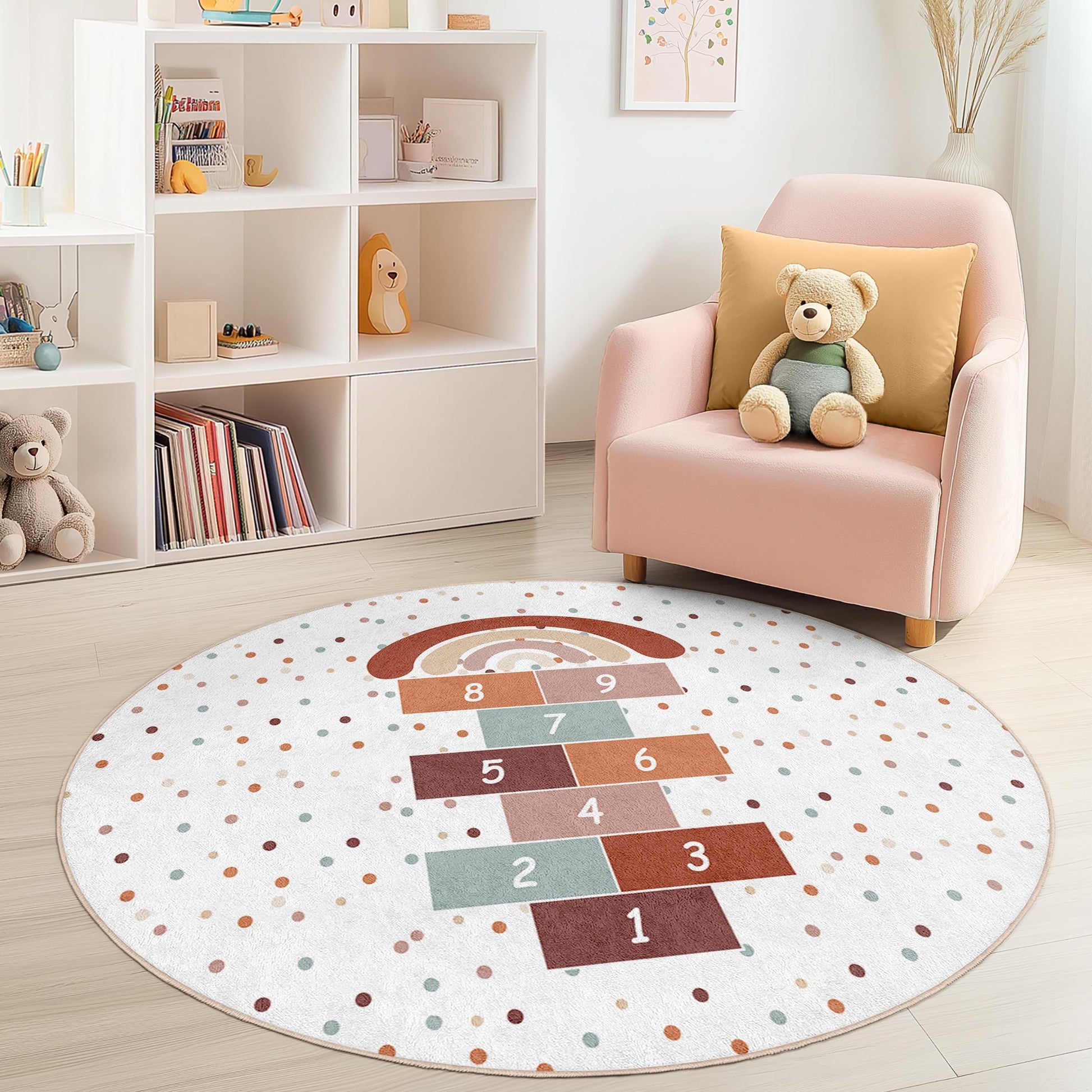 Rainbow Hopscotch Round Play Rug, Kids Round Carpet, Playroom Decor, Soft Circle Rug, Nursery Mat, Colorful Kids Rug