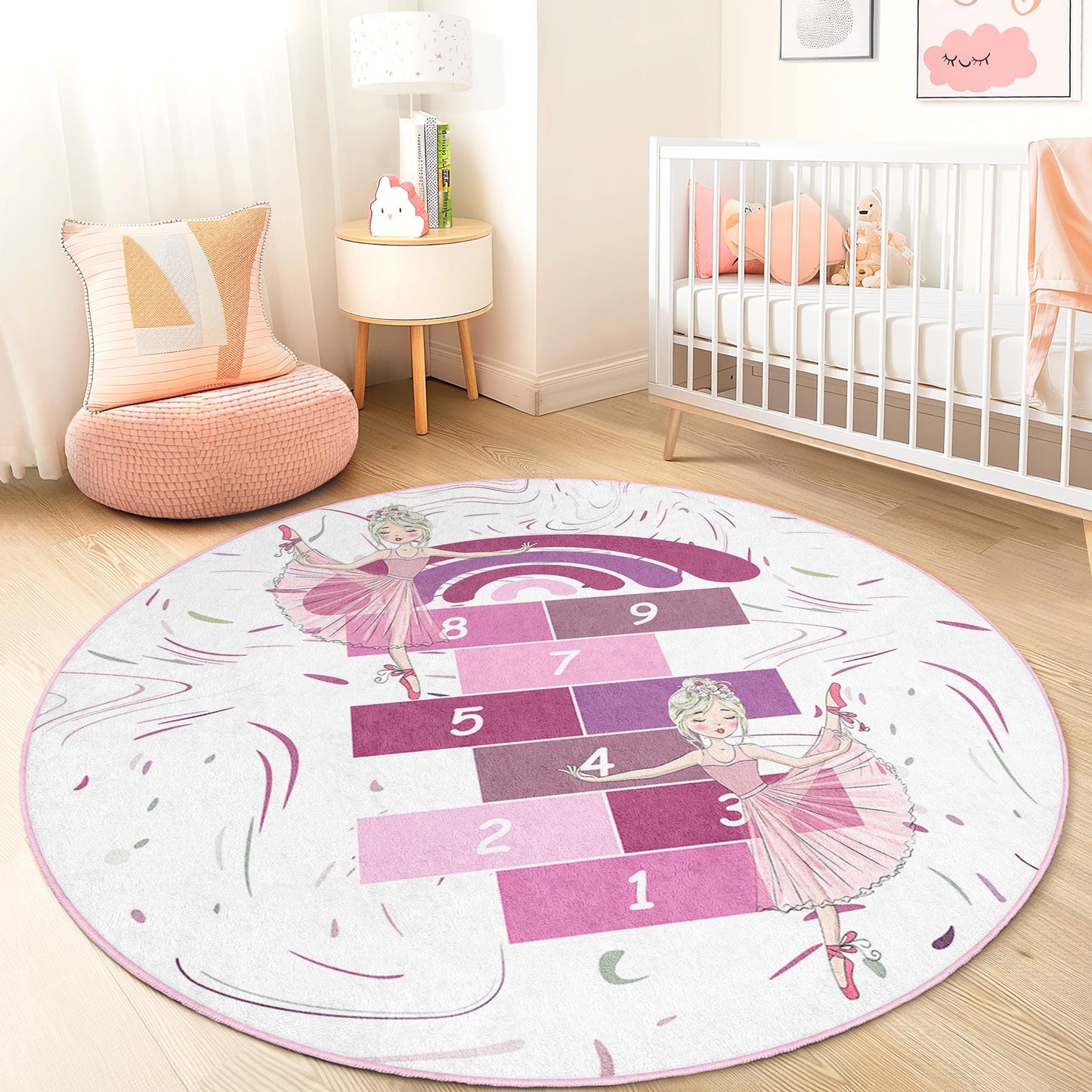 Ballet Dance Round Kids Rug, Hopscotch Play Mat for Girls, Ballet Themed Carpet, Childrens Room Decor, Playroom Rug