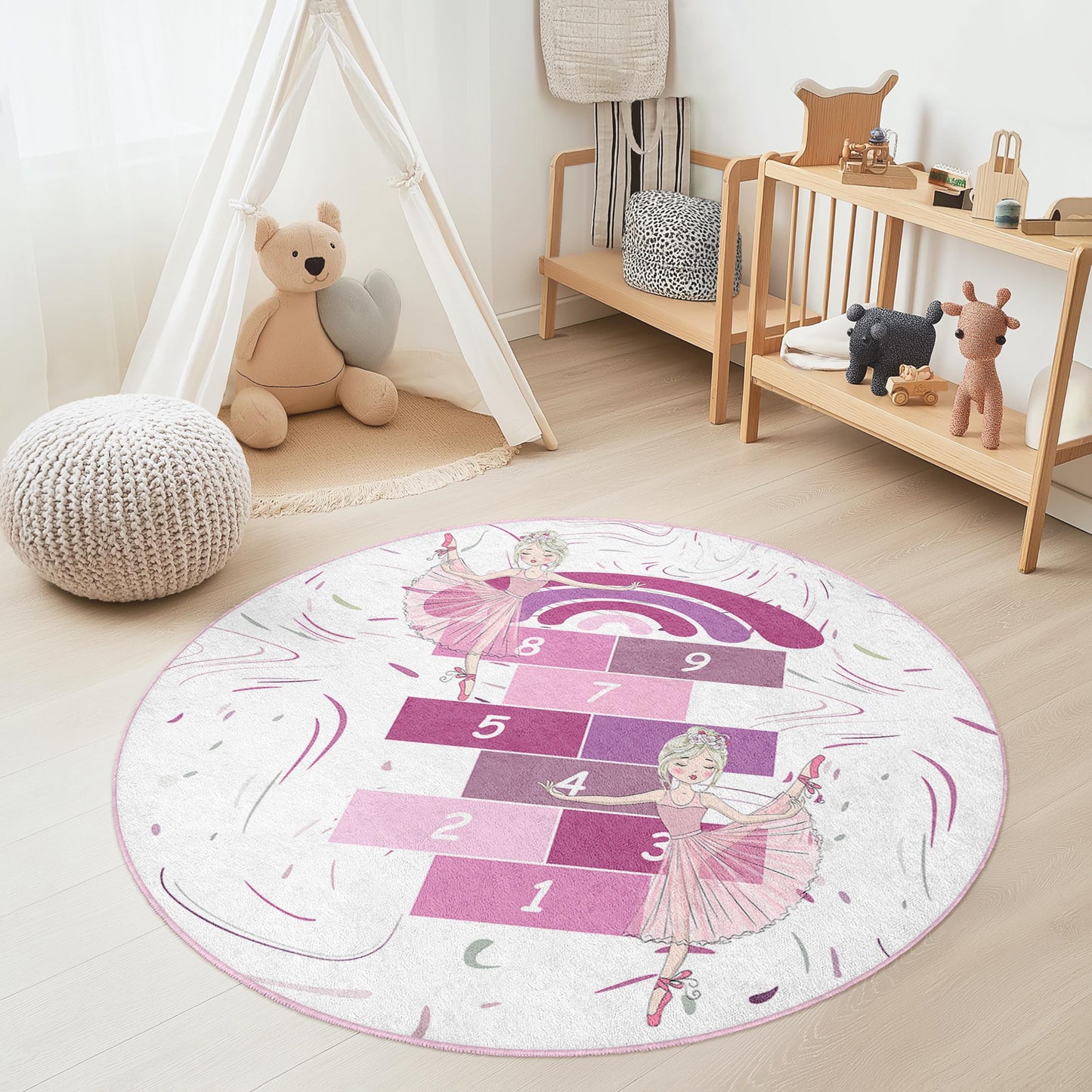 Ballet Dance Round Kids Rug, Hopscotch Play Mat for Girls, Ballet Themed Carpet, Childrens Room Decor, Playroom Rug