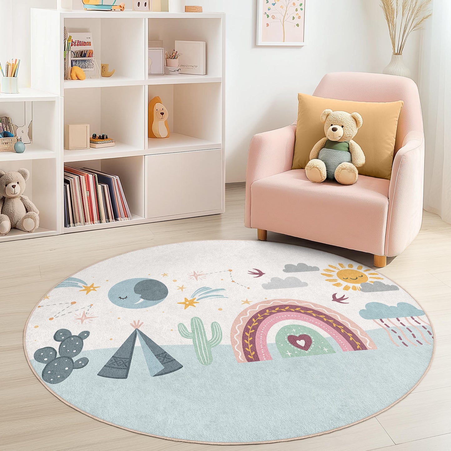 Dreamy Rainbow Adventure Kids Round Rug, Colorful Playroom Decor, Soft Nursery Rug, Kids Room Carpet, Rainbow Design Play Mat