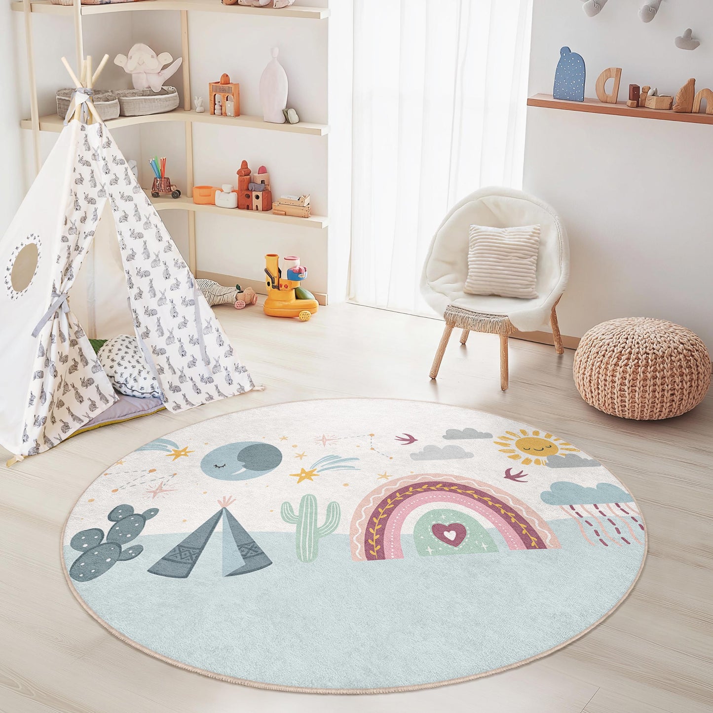 Dreamy Rainbow Adventure Kids Round Rug, Colorful Playroom Decor, Soft Nursery Rug, Kids Room Carpet, Rainbow Design Play Mat