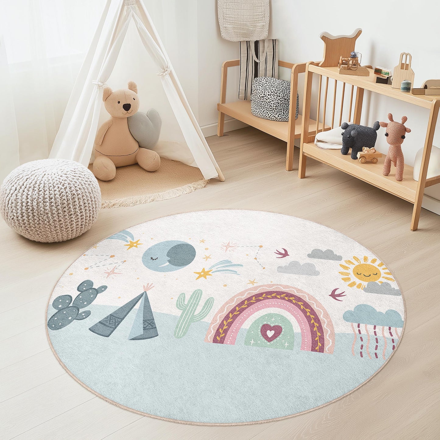 Dreamy Rainbow Adventure Kids Round Rug, Colorful Playroom Decor, Soft Nursery Rug, Kids Room Carpet, Rainbow Design Play Mat