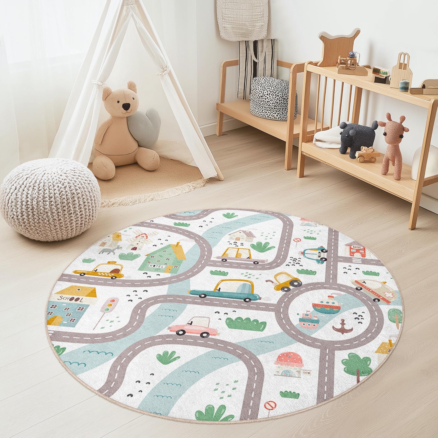 Playful Road Map Round Kids Rug, Interactive Car Theme Rug, Soft Play Mat for Children's Room, Nursery Decor, Fun Activity Rug