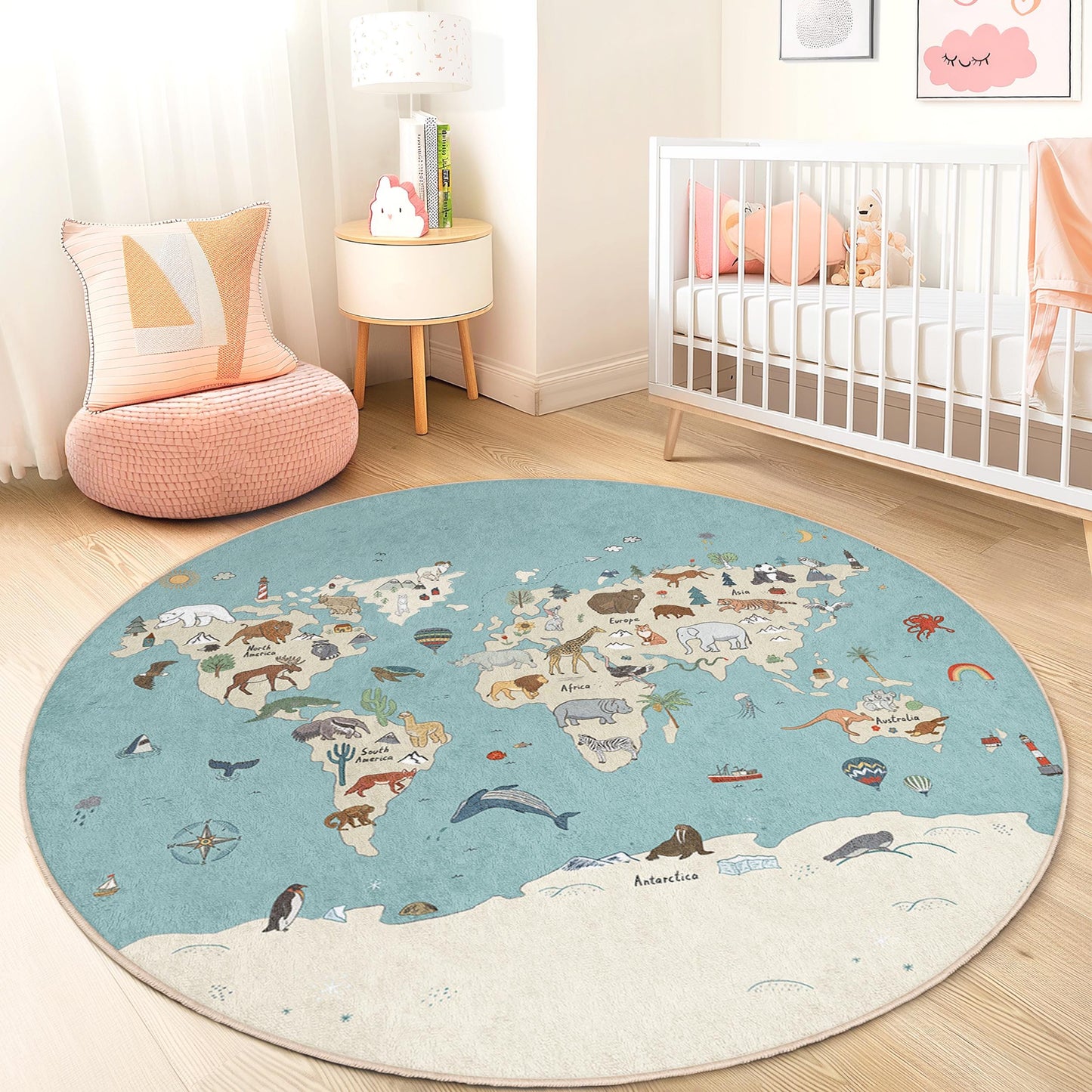 World Map Interactive Kids Round Rug, Animal Themed Play Mat, Educational Nursery Rug, Soft Kids Room Decor, Adventure Play Rug