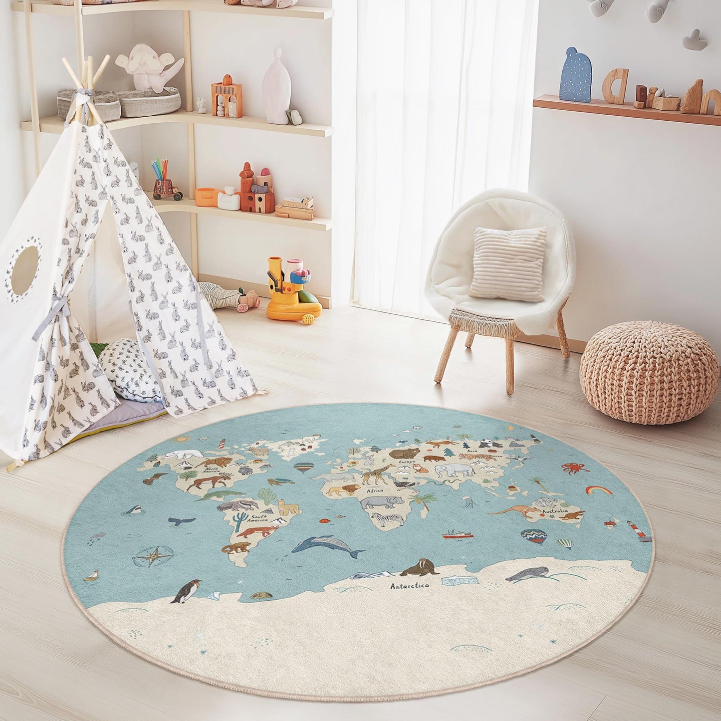 World Map Interactive Kids Round Rug, Animal Themed Play Mat, Educational Nursery Rug, Soft Kids Room Decor, Adventure Play Rug