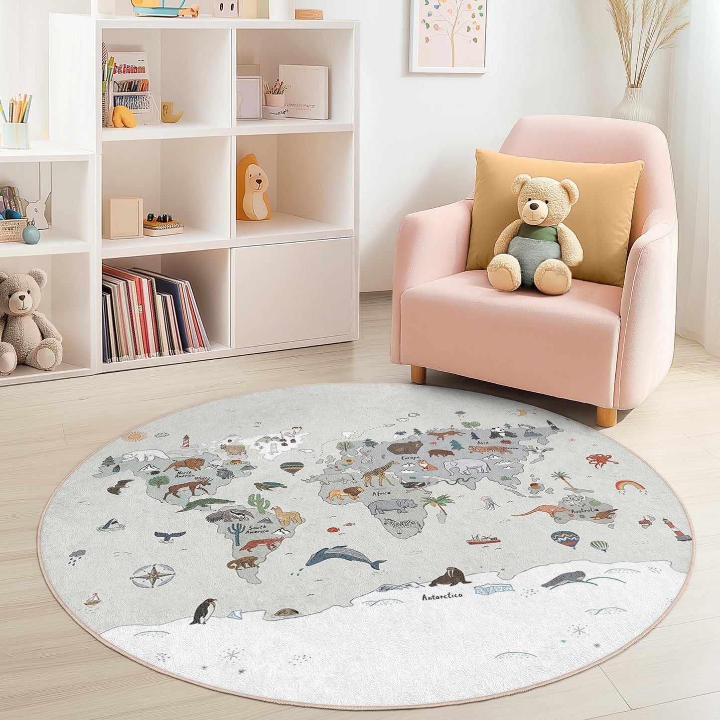 World Map Animal Themed Round Rug, Kids Room Decor, Educational Play Area Rug, Childrens Round Carpet, Soft Nursery Rug