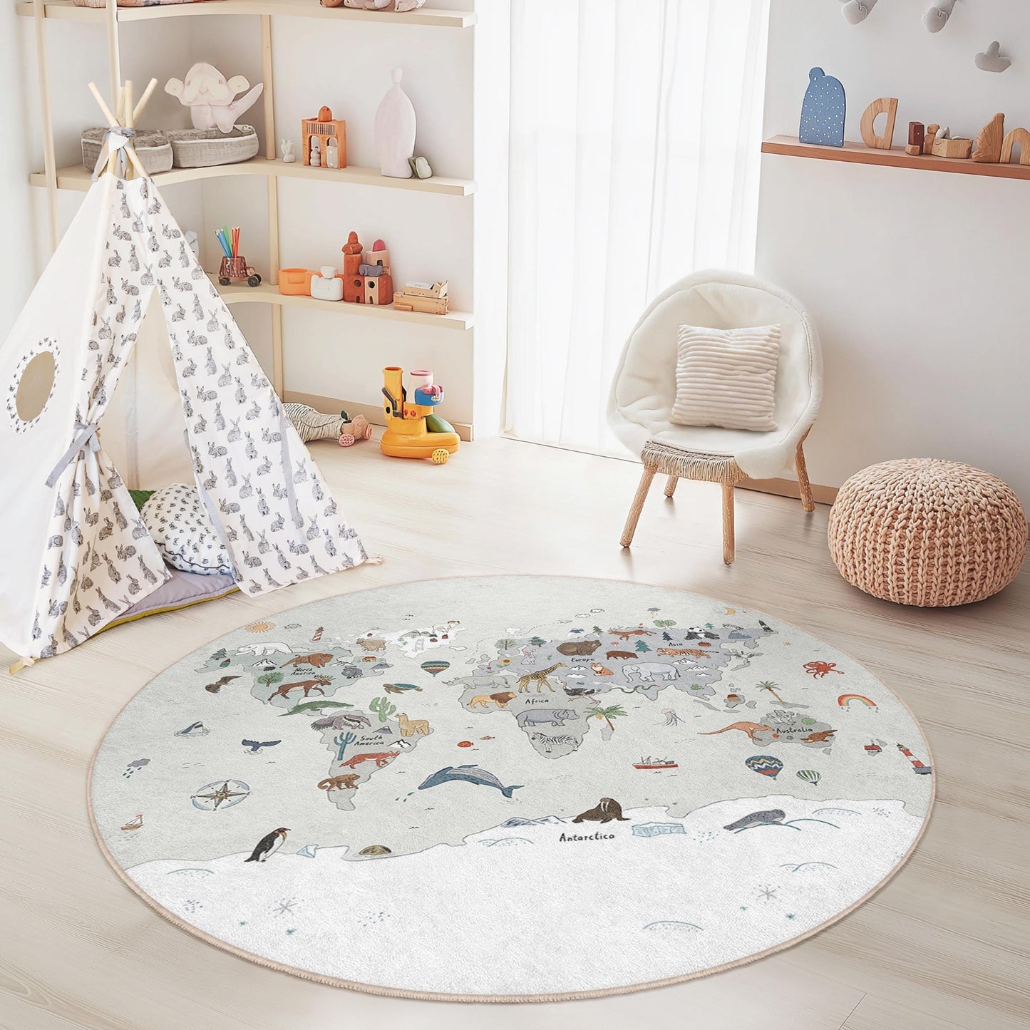 World Map Animal Themed Round Rug, Kids Room Decor, Educational Play Area Rug, Childrens Round Carpet, Soft Nursery Rug
