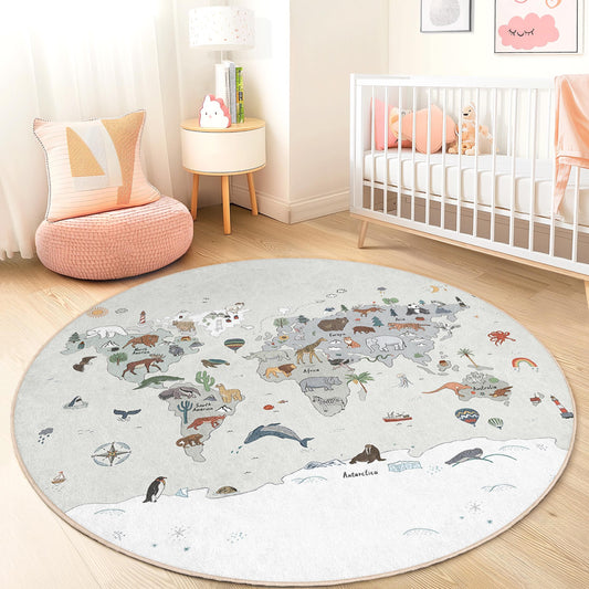 World Map Animal Themed Round Rug, Kids Room Decor, Educational Play Area Rug, Childrens Round Carpet, Soft Nursery Rug