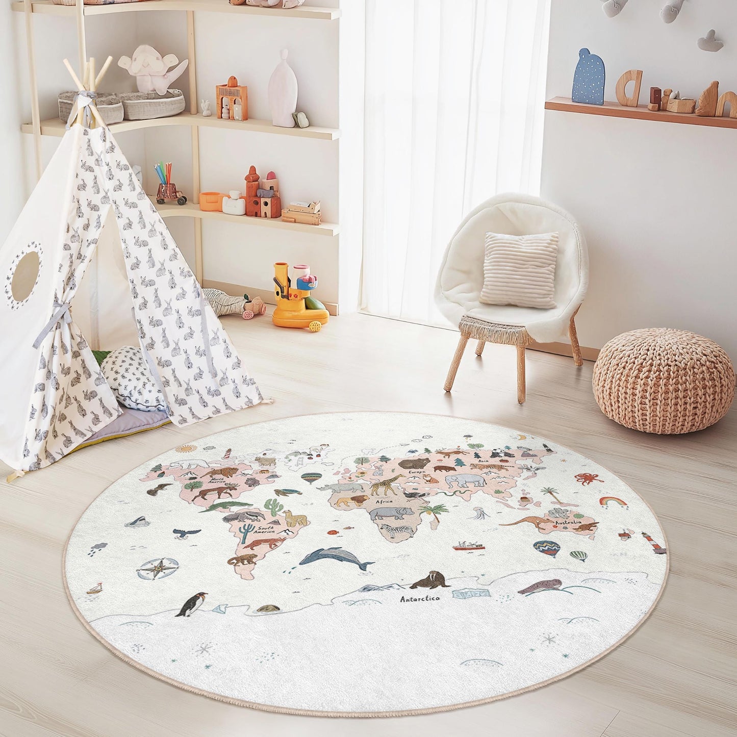 World Map Animal Art Round Rug, Kids Room Decor, Playful Animal Rug, Nursery Rug, Educational Kids Area Rug
