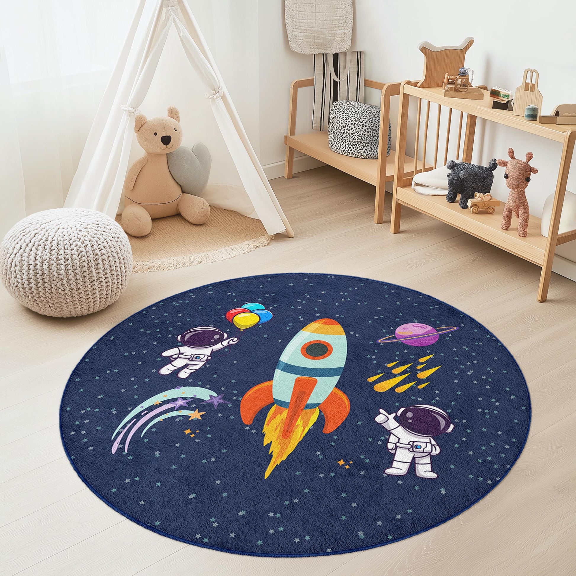 Space Adventure Round Kids Rug, Astronaut Themed Carpet, Playroom Decor, Galaxy Play Mat, Kids Room Rug, Soft Round Carpet