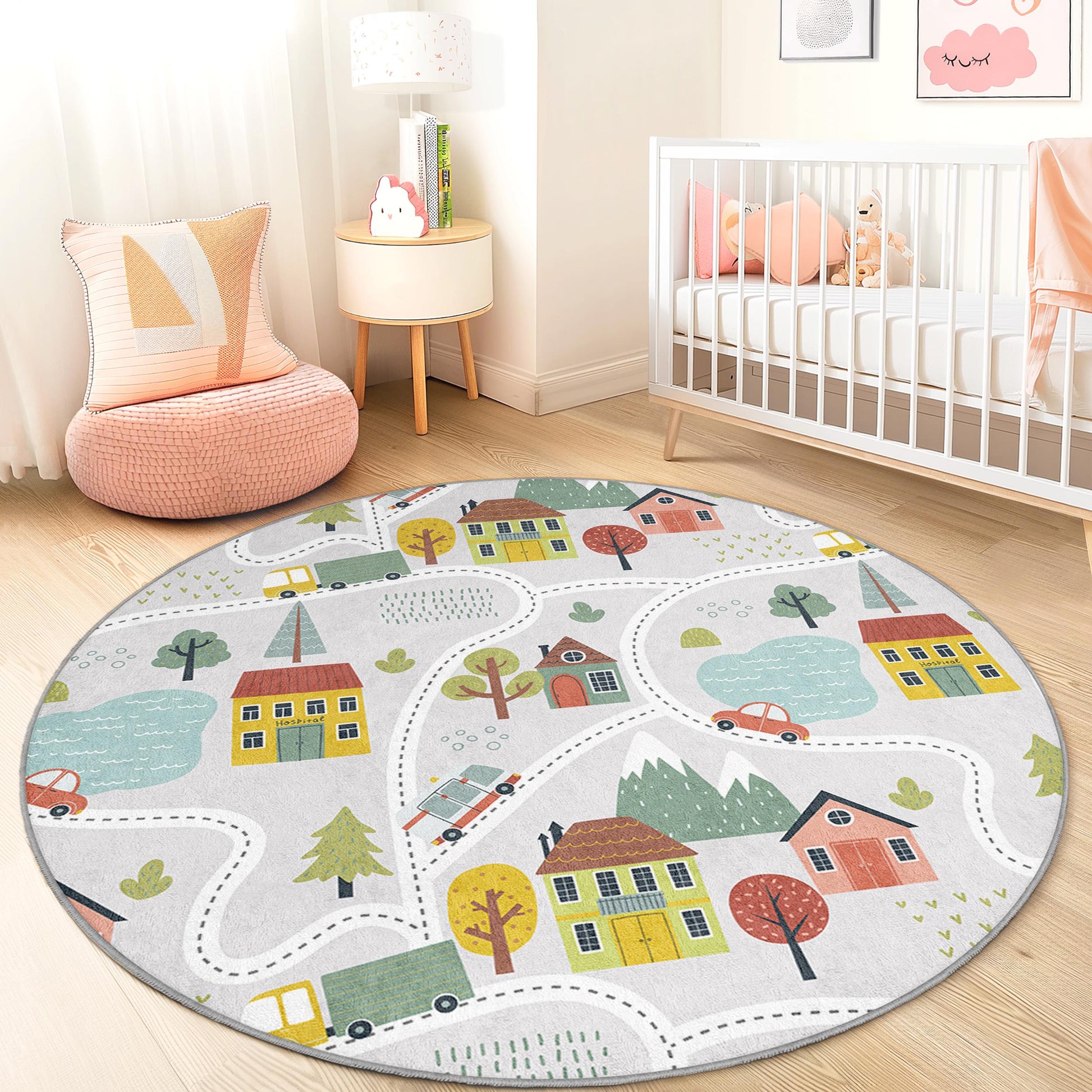 Colorful Round Kids Play Rug, Road Map Area Rug, Playroom Decor, Soft Nursery Rug, Kids Room Carpet, Interactive Play Mat