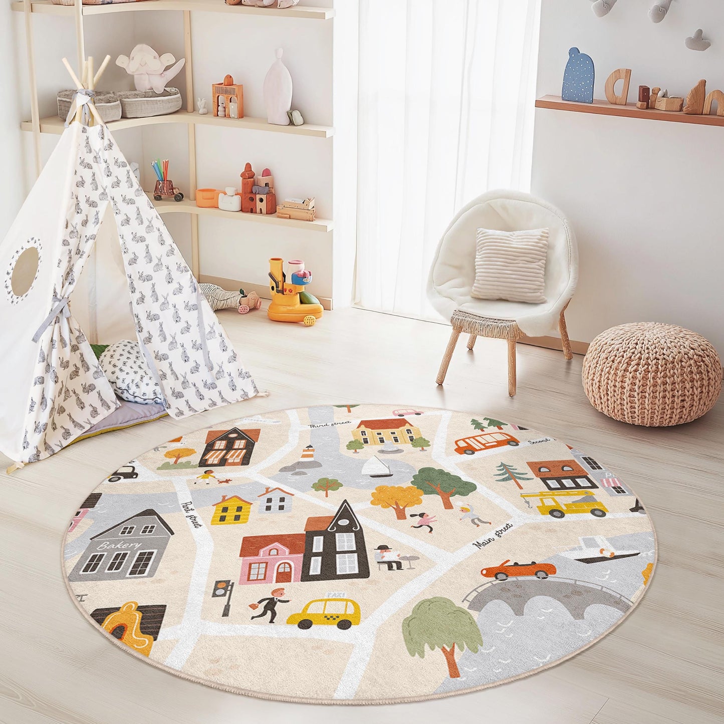 City Map Playful Round Kids Rug, Interactive Play Mat for Children's Room, Soft Nursery Decor, Child-Friendly Rug