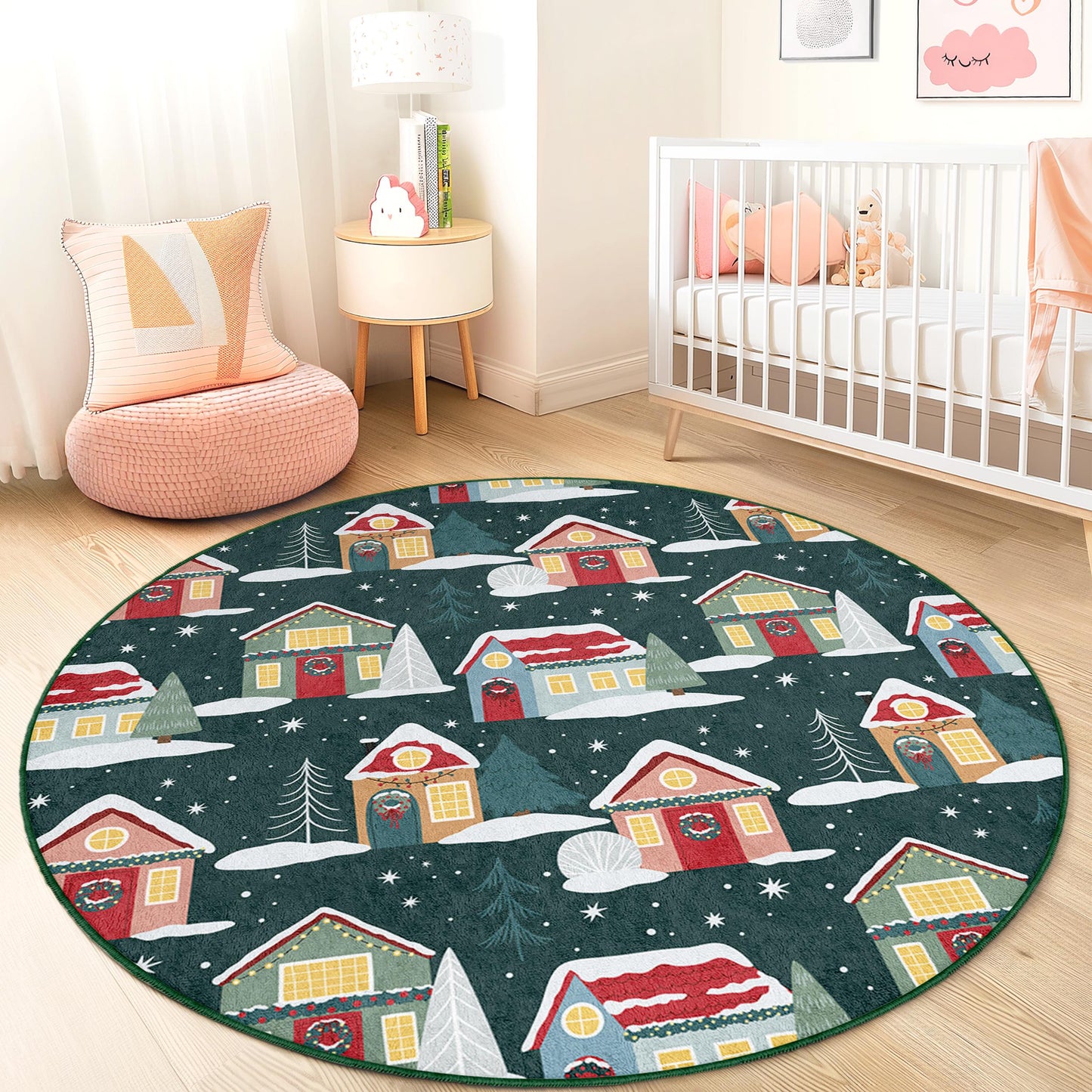 Winter Wonderland Round Kids Rug, Cozy House Pattern Rug, Holiday Decor for Kids Room, Playroom Mat, Christmas Themed Carpet