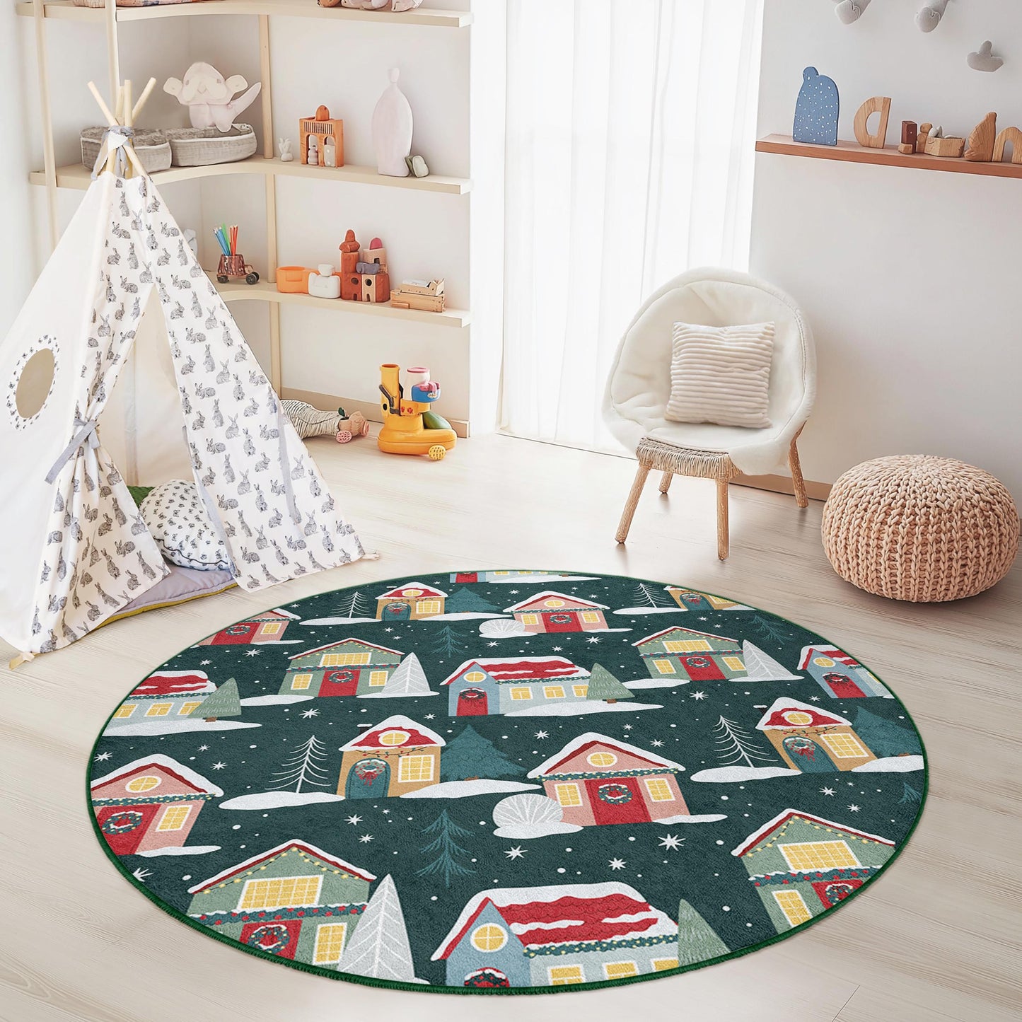 Winter Wonderland Round Kids Rug, Cozy House Pattern Rug, Holiday Decor for Kids Room, Playroom Mat, Christmas Themed Carpet