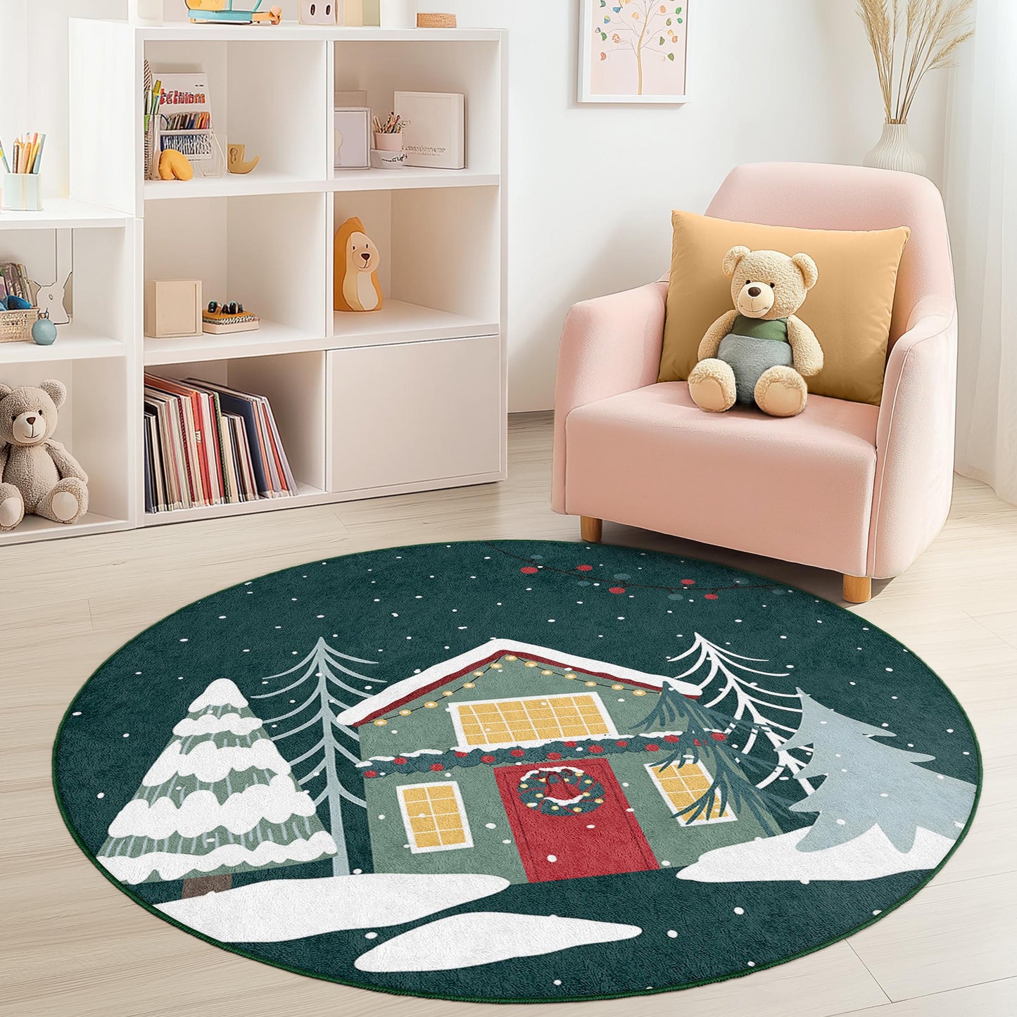 Winter Wonderland Round Kids Rug, Christmas Tree Decor Rug, Holiday Themed Play Mat, Cozy Nursery Rug, Festive Kids Room Carpet