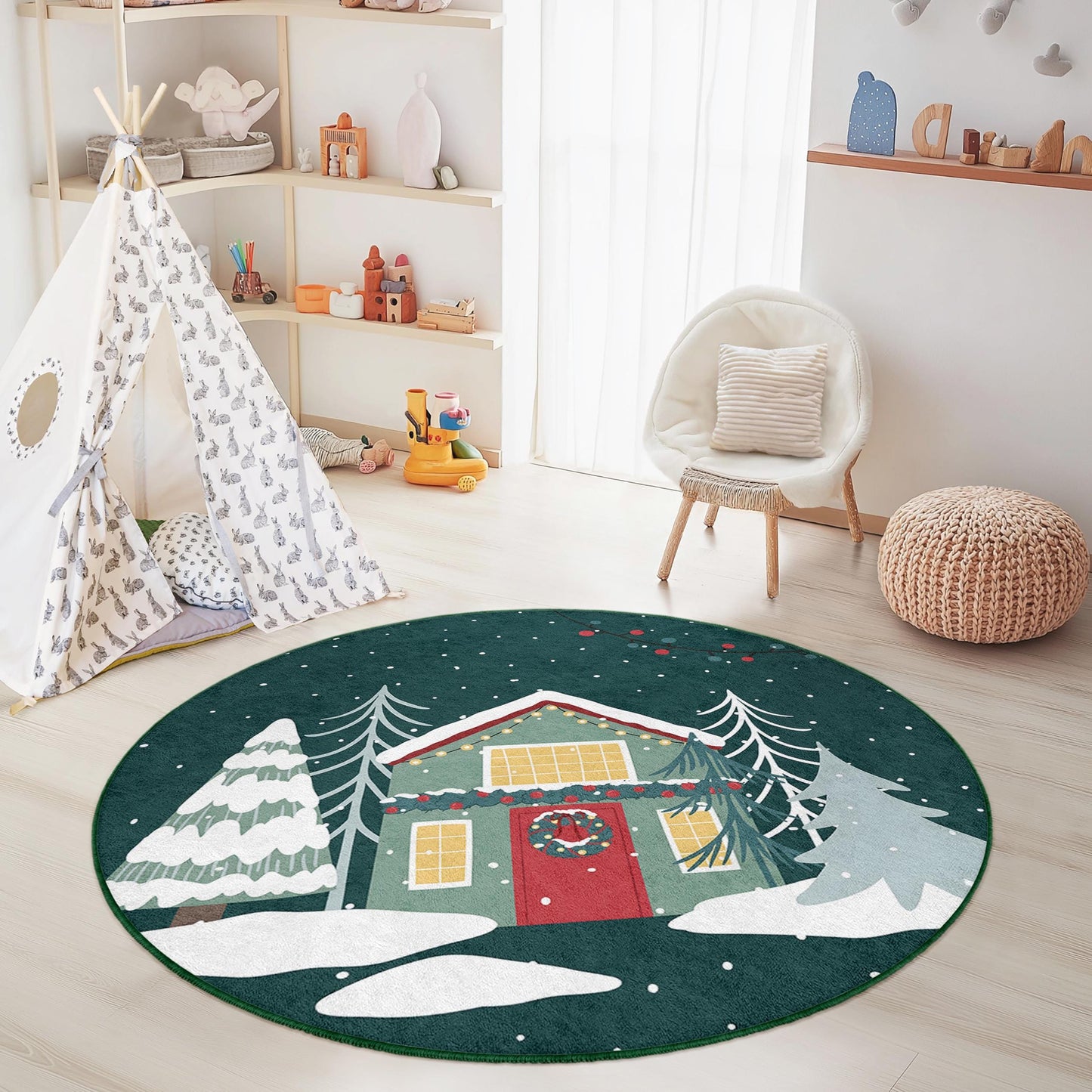 Winter Wonderland Round Kids Rug, Christmas Tree Decor Rug, Holiday Themed Play Mat, Cozy Nursery Rug, Festive Kids Room Carpet