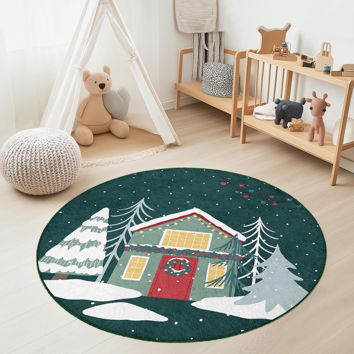 Winter Wonderland Round Kids Rug, Christmas Tree Decor Rug, Holiday Themed Play Mat, Cozy Nursery Rug, Festive Kids Room Carpet