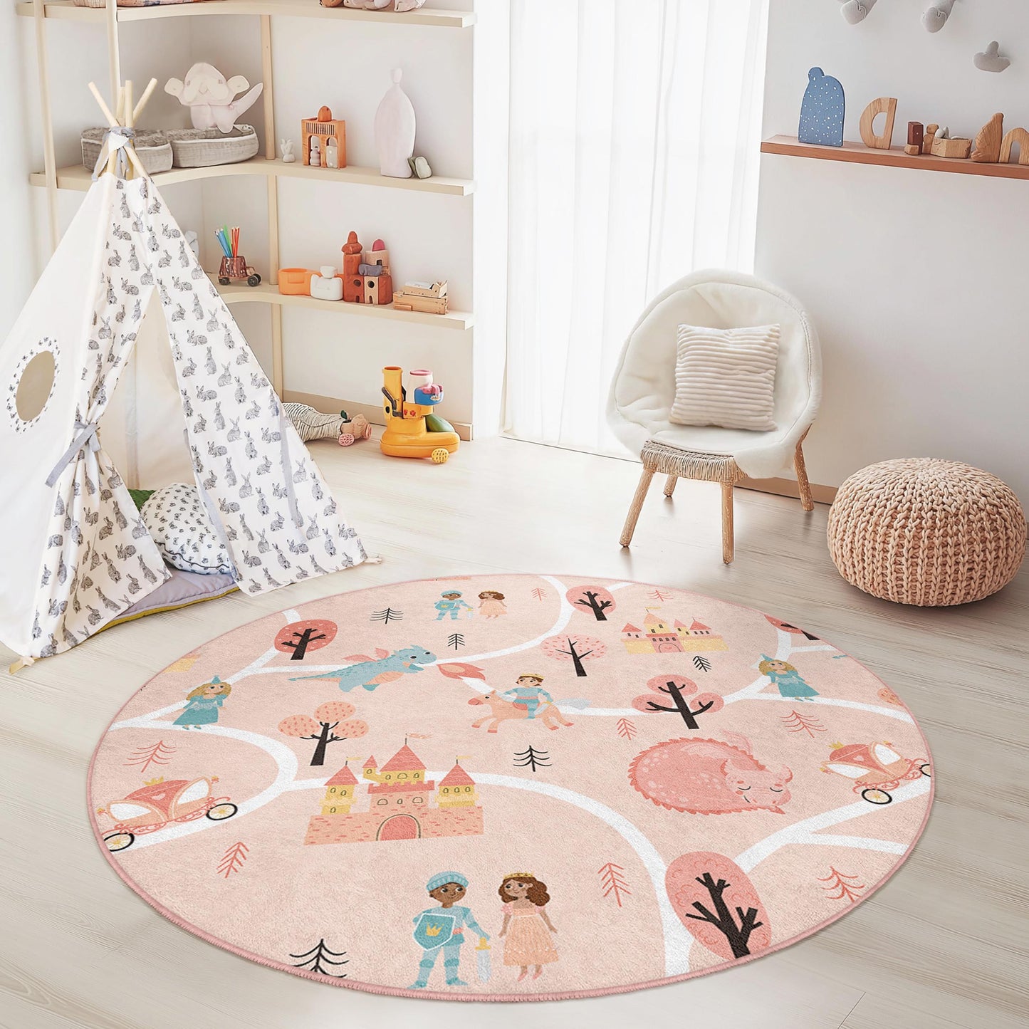 Fairytale Adventure Round Kids Play Rug, Princess Castle Kids Rug, Magical Kids Room Decor, Fantasy Play Mat for Children