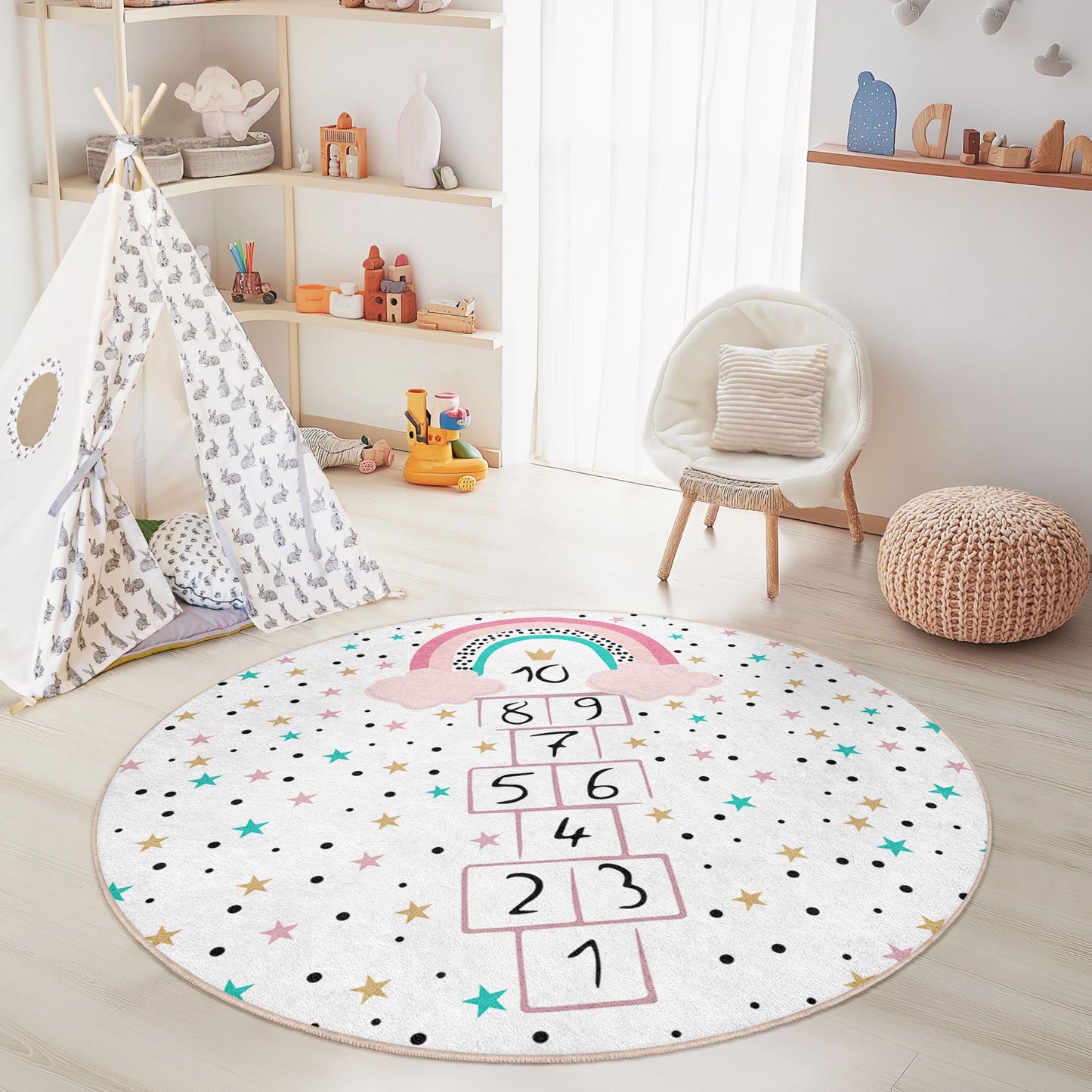 Rainbow Hopscotch Kids Rug, Round Play Mat for Kids Room, Colorful Nursery Carpet, Interactive Play Rug, Soft and Cozy Children's Rug