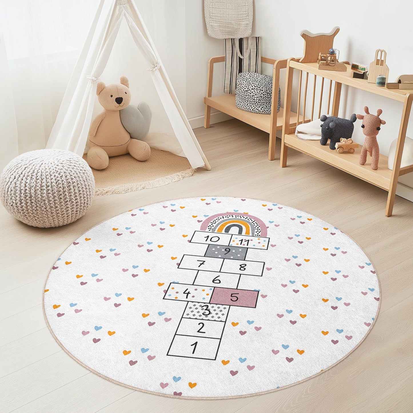 Rainbow Hopscotch Round Kids Rug, Playful Round Carpet for Children's Room, Soft Play Mat for Kids, Nursery Decor