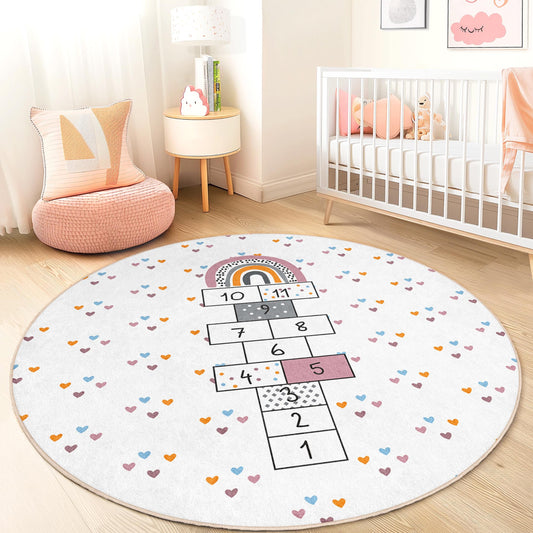 Rainbow Hopscotch Round Kids Rug, Playful Round Carpet for Children's Room, Soft Play Mat for Kids, Nursery Decor