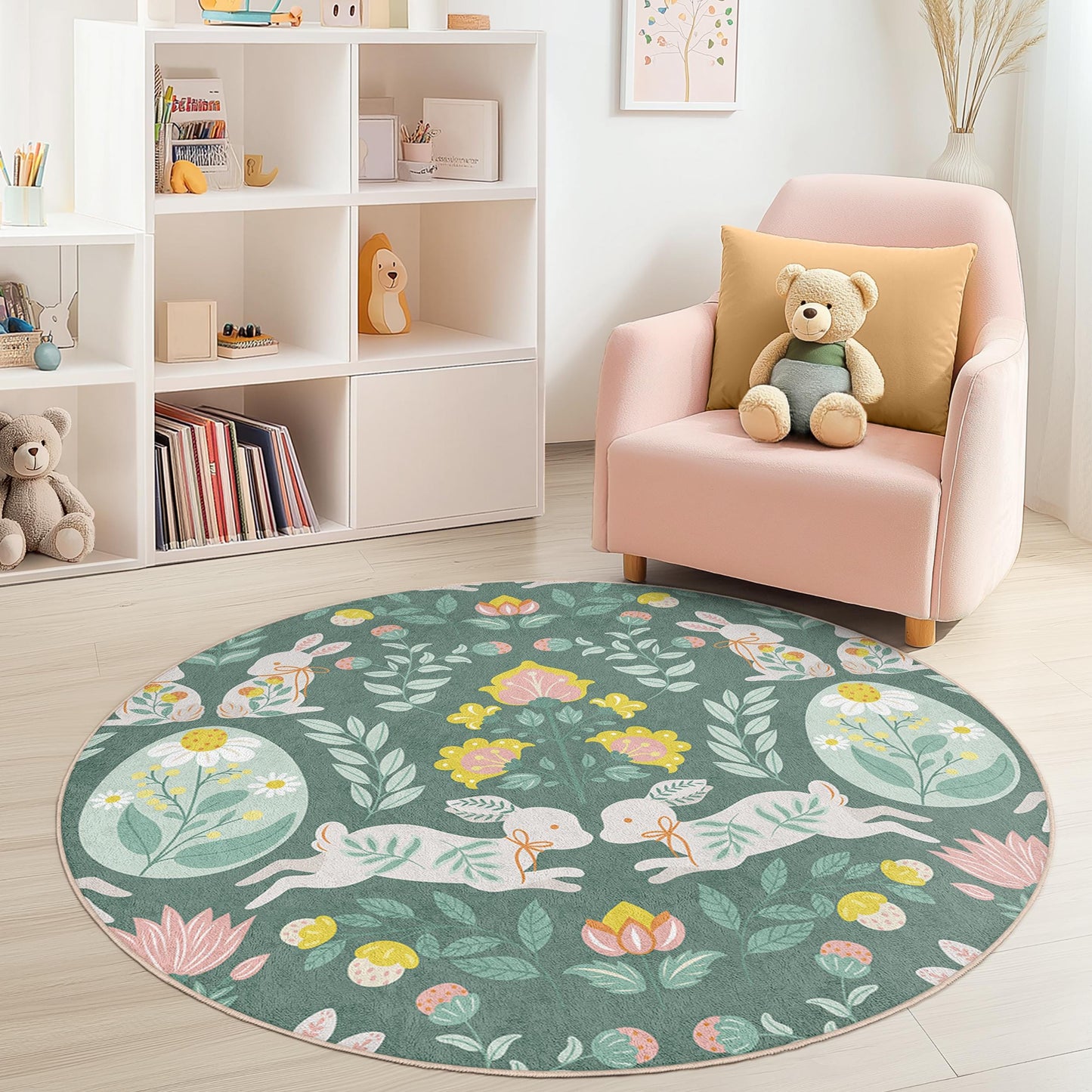 Floral Bunny Round Kids Play Rug, Cute Rabbit Nursery Decor, Kids Room Carpet, Soft Play Mat, Animal Theme Area Rug