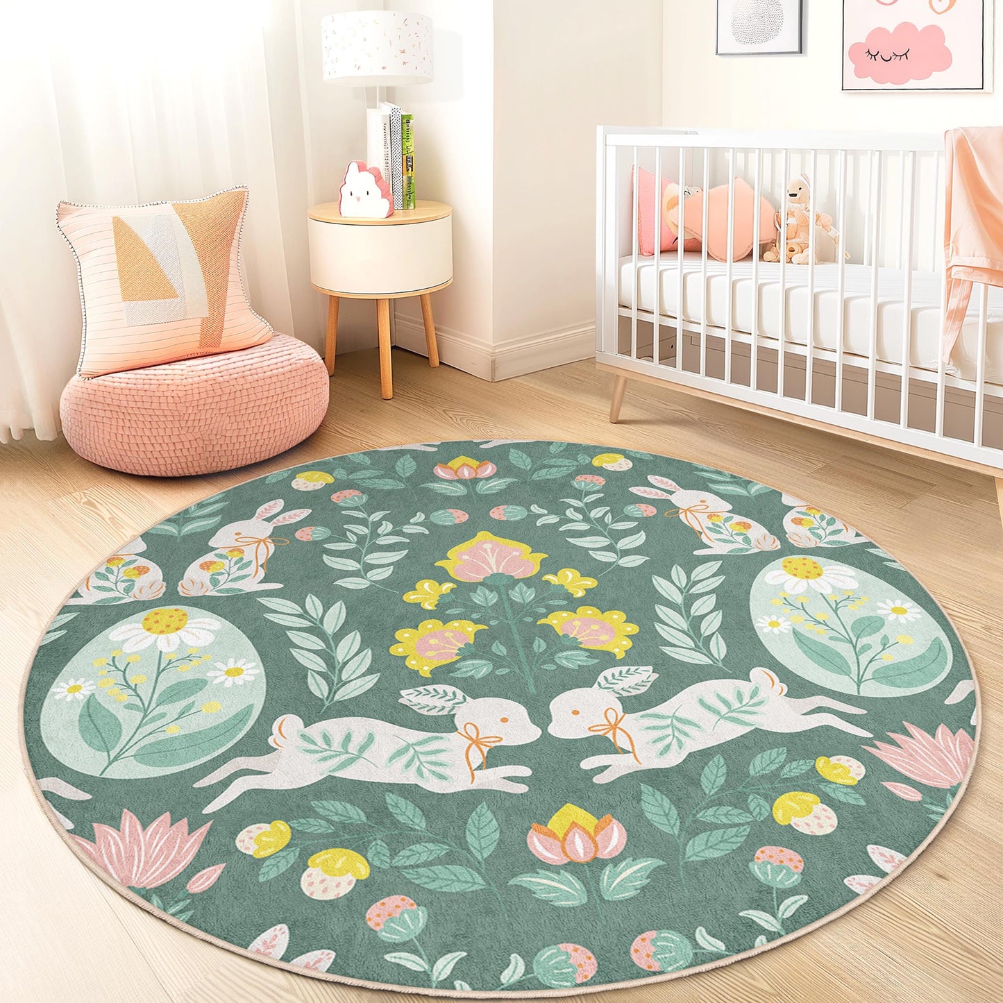 Floral Bunny Round Kids Play Rug, Cute Rabbit Nursery Decor, Kids Room Carpet, Soft Play Mat, Animal Theme Area Rug