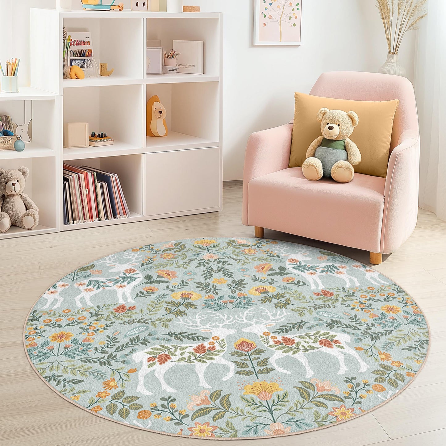 Floral Deer Round Kids Rug, Bohemian Nursery Decor, Soft Play Mat, Round Area Rug for Children's Room, Nature Inspired Design