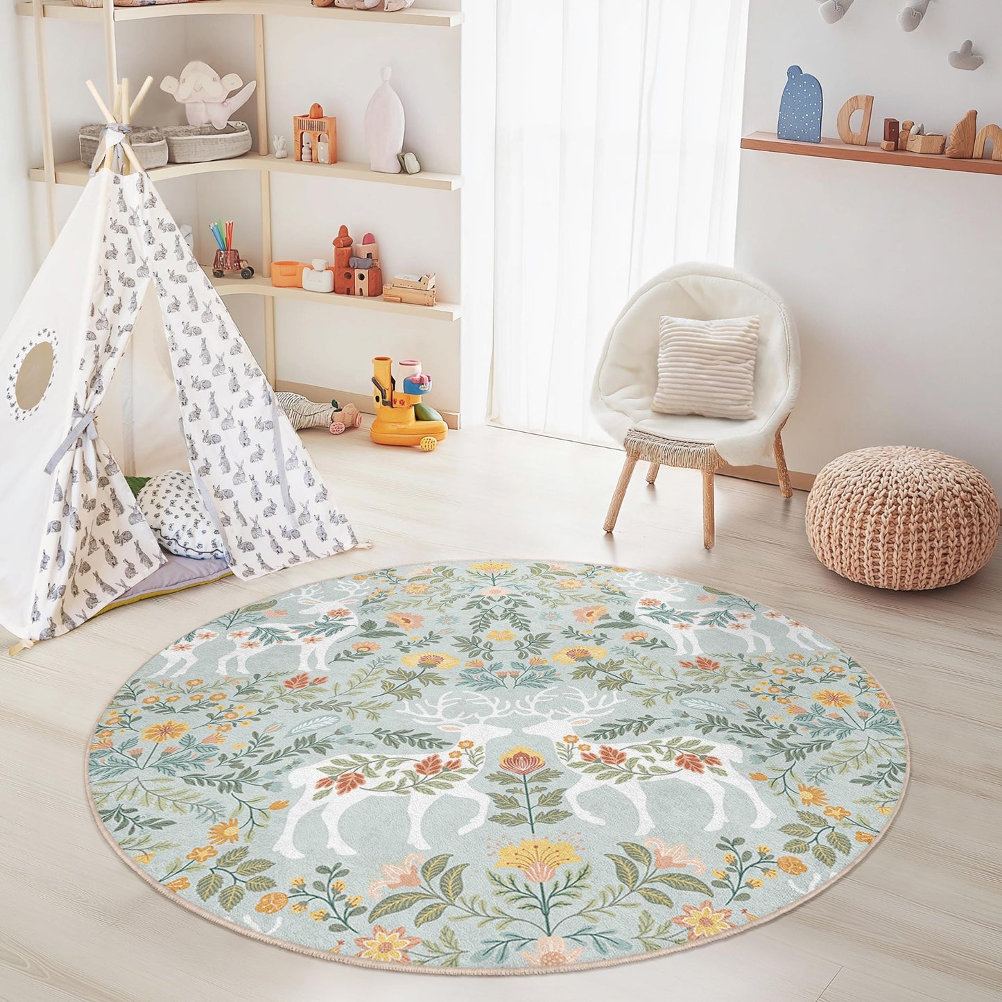Floral Deer Round Kids Rug, Bohemian Nursery Decor, Soft Play Mat, Round Area Rug for Children's Room, Nature Inspired Design