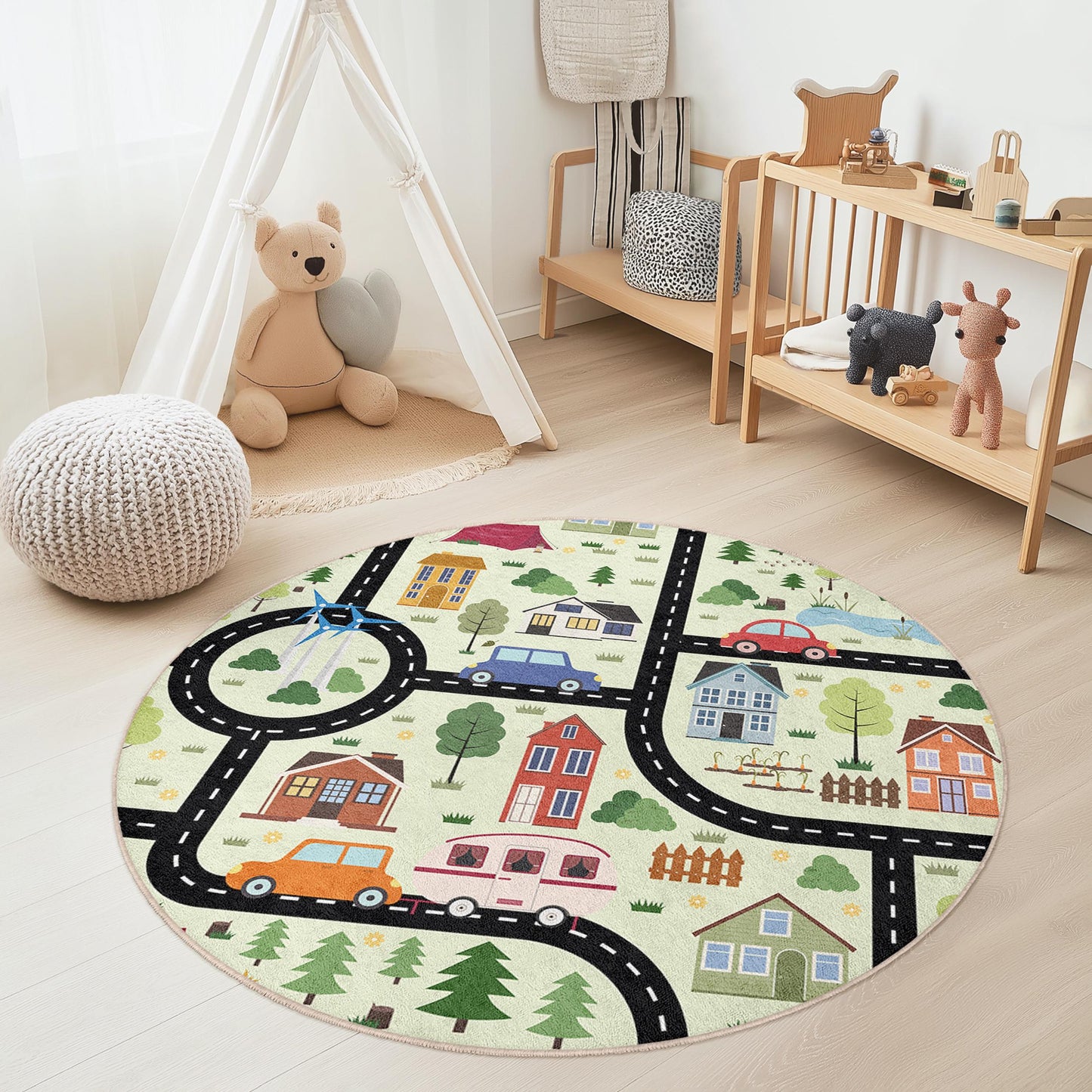 Road Map Playful Round Kids Rug, Interactive Play Mat for Children, Soft Carpet for Playroom, Nursery Decor, Kids Room Rug