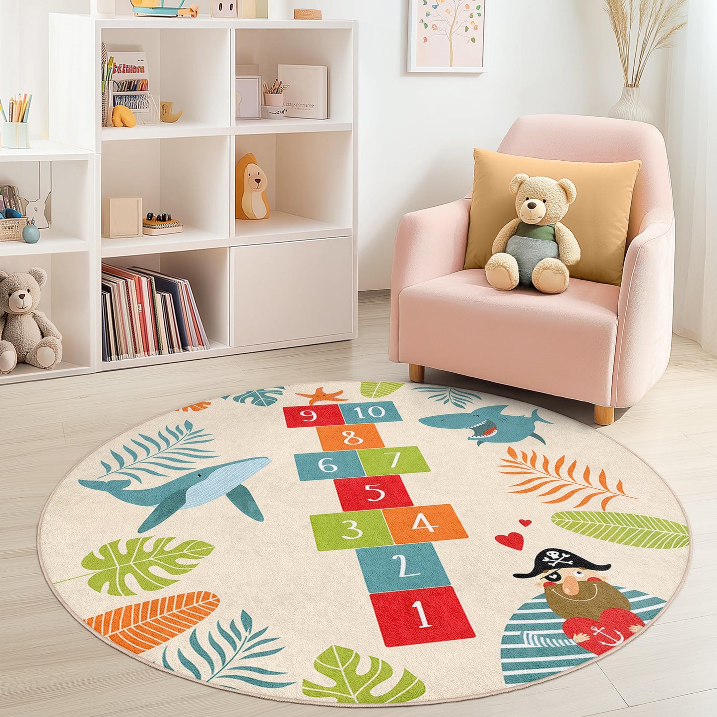 Underwater Adventure Round Kids Play Rug, Shark Hopscotch Play Mat, Ocean Theme Rug, Nursery Decor, Soft Playroom Carpet