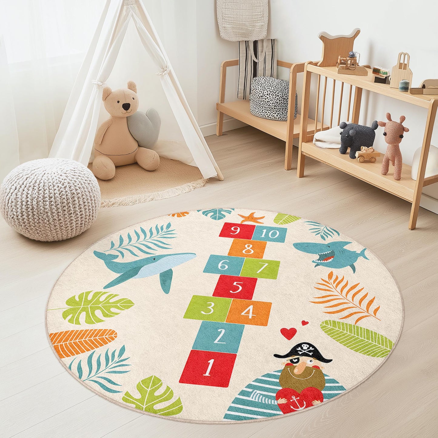 Underwater Adventure Round Kids Play Rug, Shark Hopscotch Play Mat, Ocean Theme Rug, Nursery Decor, Soft Playroom Carpet