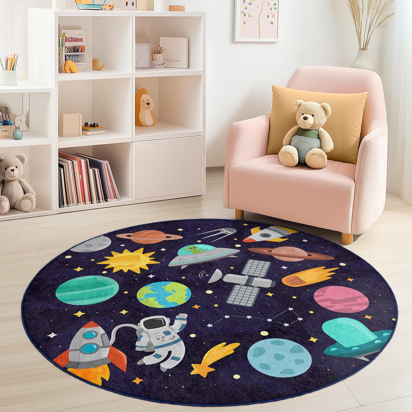 Space Adventure Round Kids Rug, Galaxy Themed Play Mat, Outer Space Decor, Astronaut Rug for Kids Room, Kids Playroom Carpet