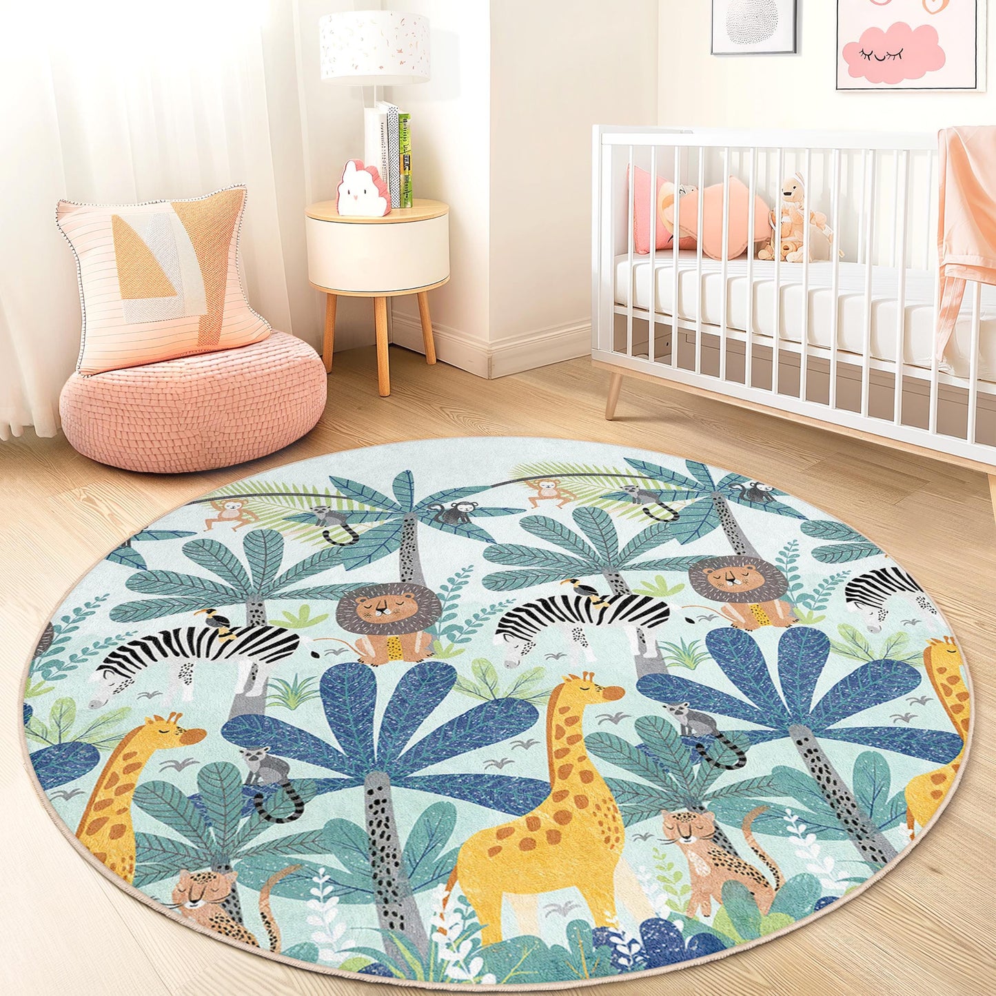 Jungle Safari Round Kids Rug, Animal Themed Play Mat, Soft Nursery Rug, Children's Room Decor, Round Carpet for Kids