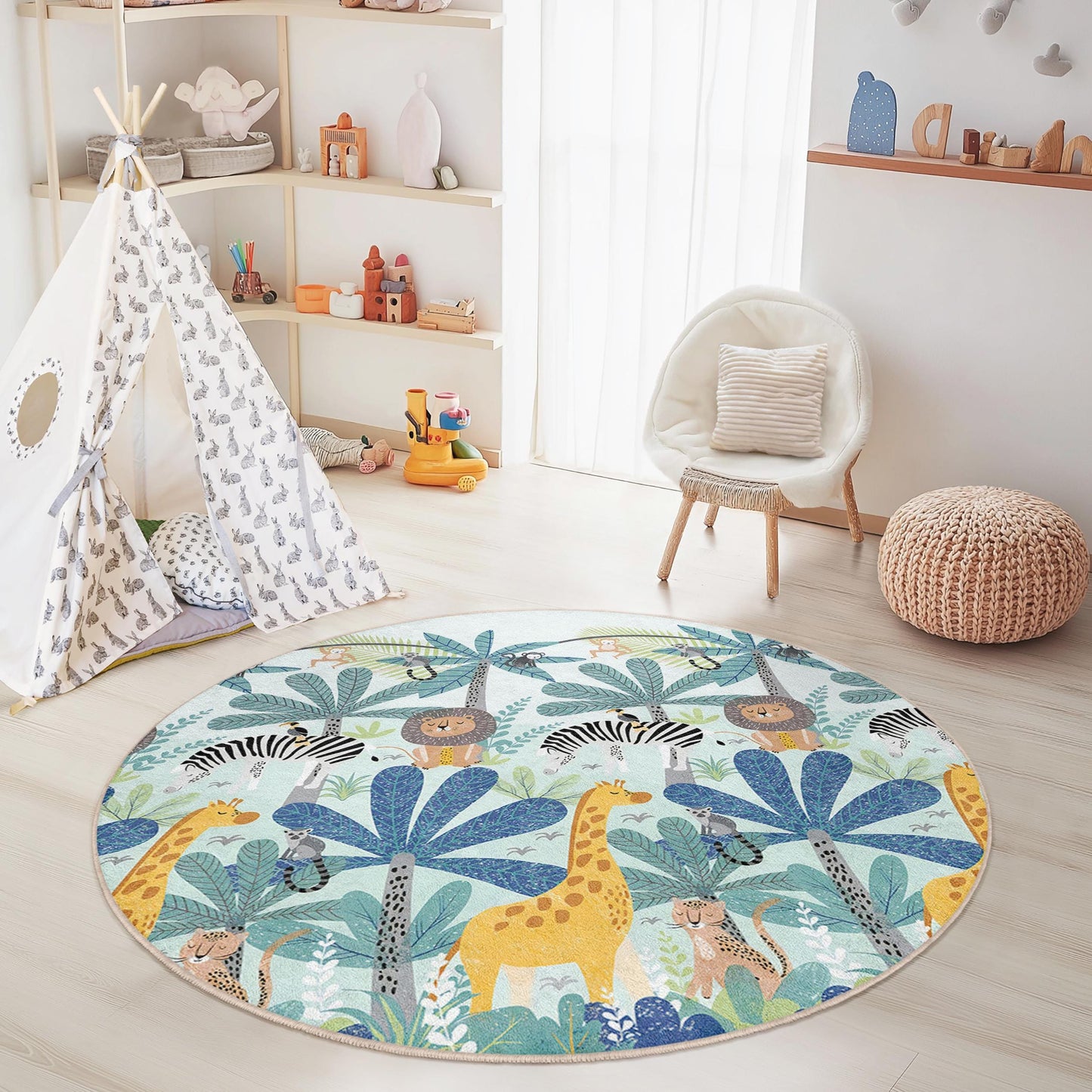Jungle Safari Round Kids Rug, Animal Themed Play Mat, Soft Nursery Rug, Children's Room Decor, Round Carpet for Kids
