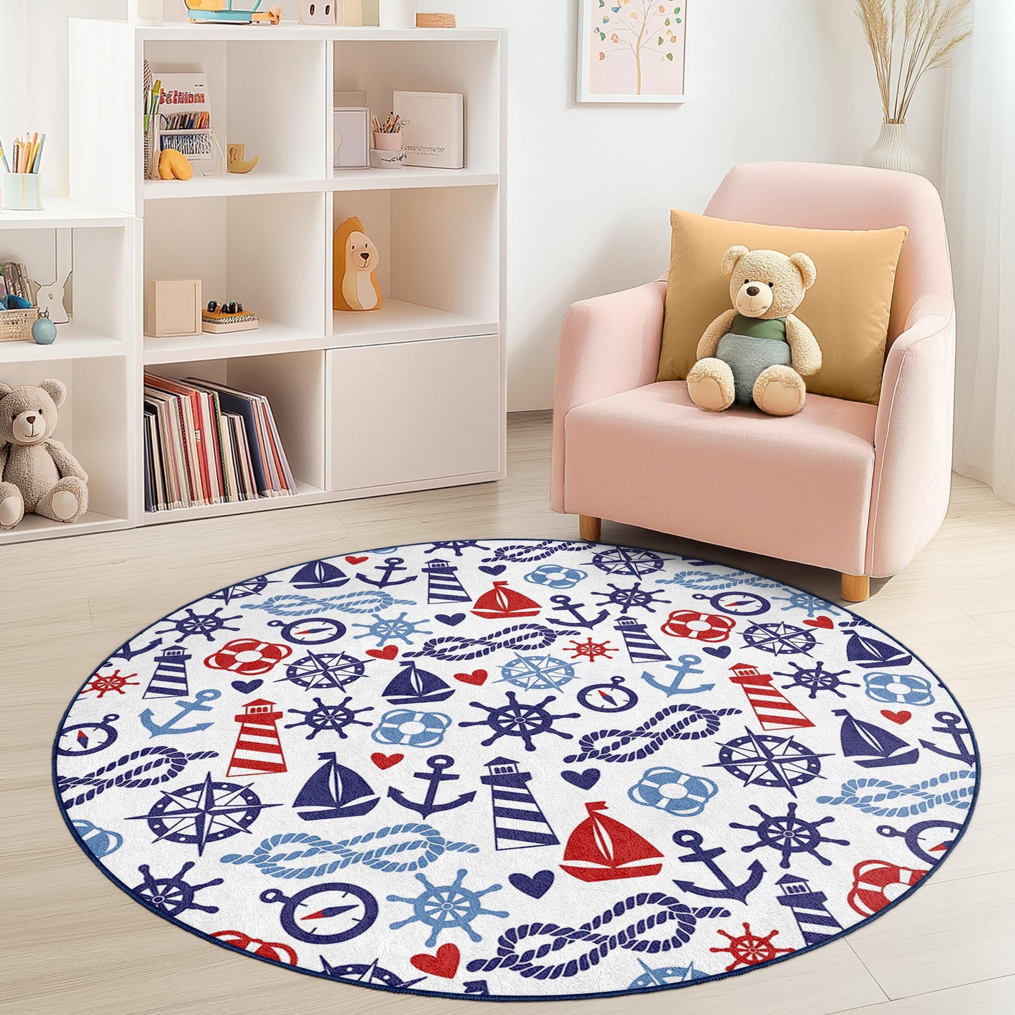Nautical Adventure Round Kids Rug, Sailboat and Anchor Design, Kids Room Decor, Playroom Carpet, Coastal Theme Rug